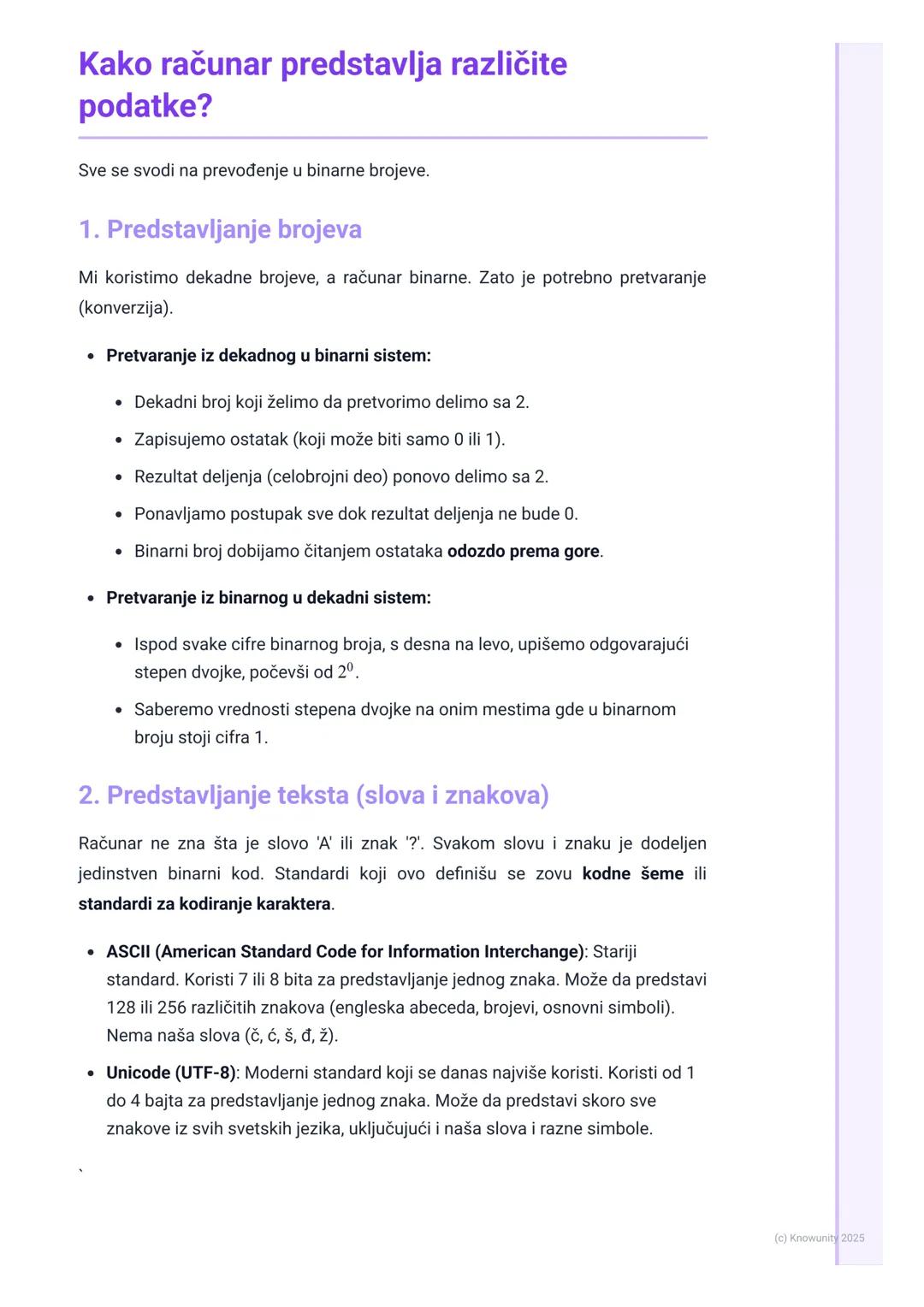 # Digitalna reprezentacija
podataka

Digitalna reprezentacija podataka - uvod

Sve što vidimo na računaru - tekst, slike, igrice, filmovi - 