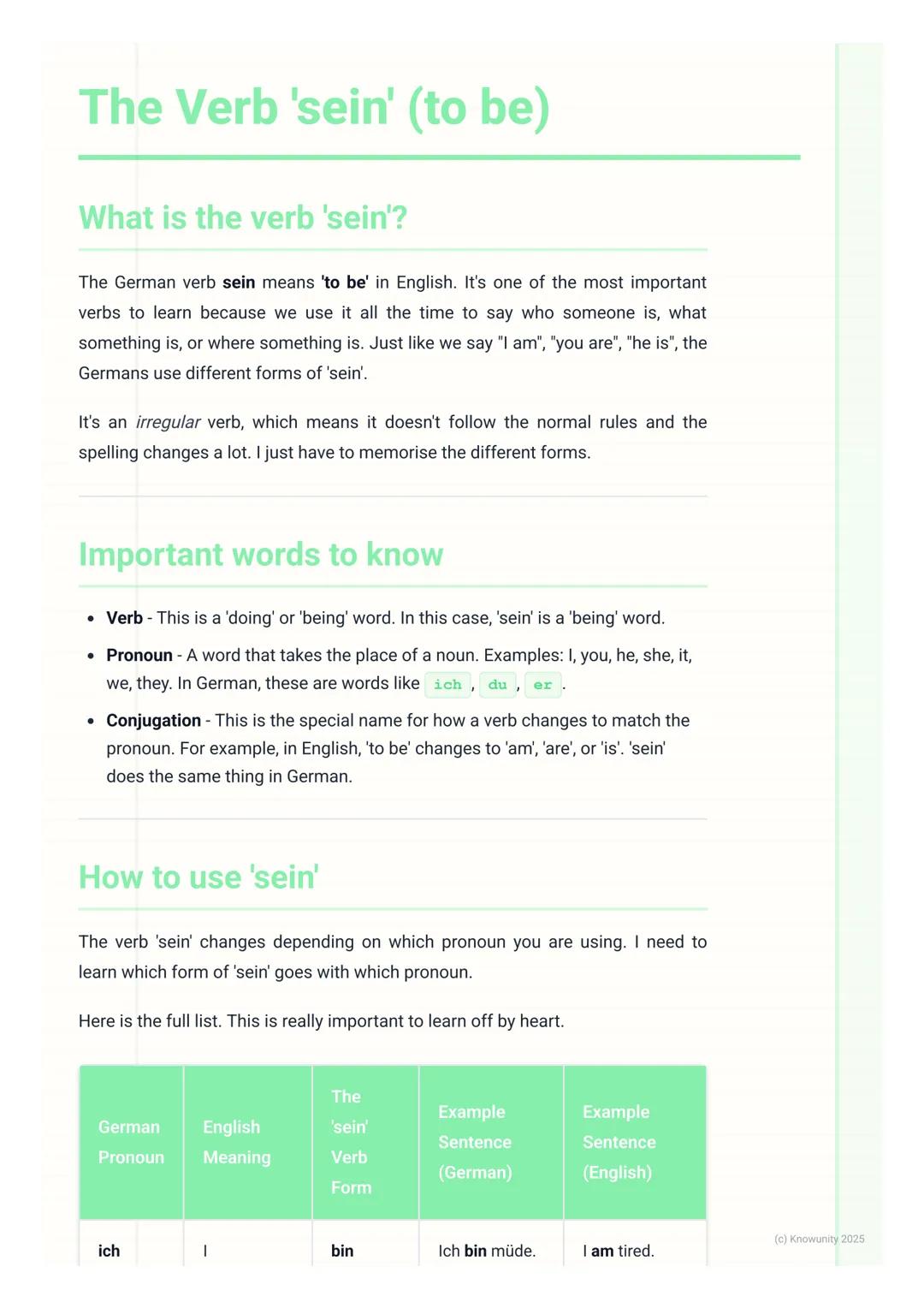 # The Verb 'sein' (to be)

What is the verb 'sein'?

The German verb sein means 'to be' in English. It's one of the most important
verbs to 