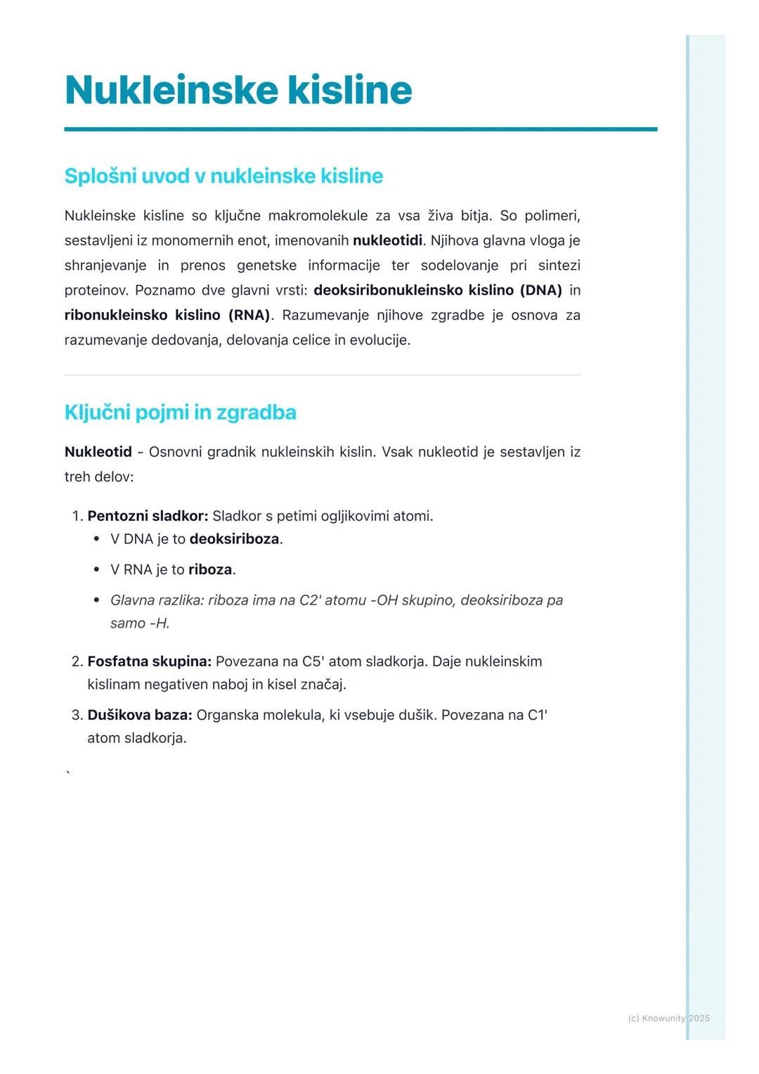 # Nukleinske kisline

Splošni uvod v nukleinske kisline

Nukleinske kisline so ključne makromolekule za vsa živa bitja. So polimeri,
sestavl