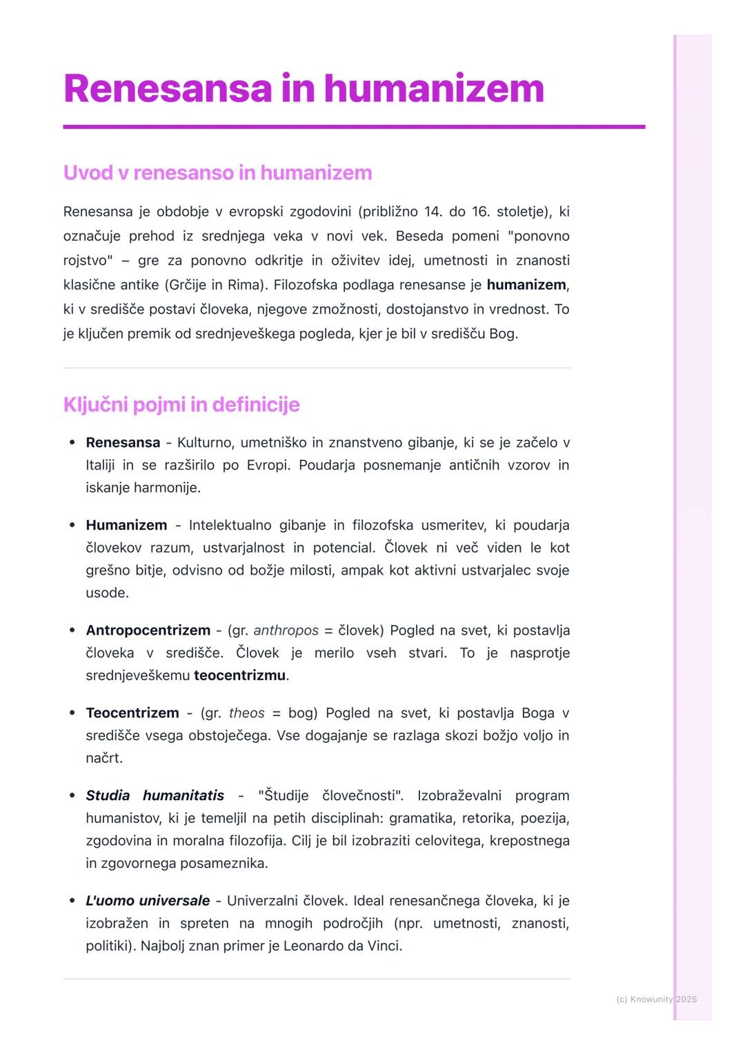 # Renesansa in humanizem

Uvod v renesanso in humanizem

Renesansa je obdobje v evropski zgodovini (približno 14. do 16. stoletje), ki
označ