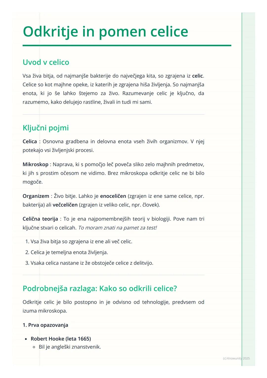 # Odkritje in pomen celice

Uvod v celico

Vsa živa bitja, od najmanjše bakterije do največjega kita, so zgrajena iz celic.
Celice so kot ma