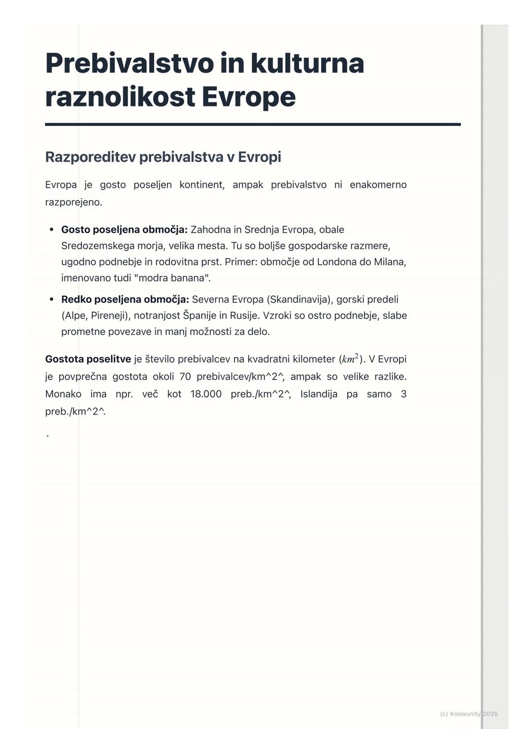 # Prebivalstvo in kulturna
raznolikost Evrope

Razporeditev prebivalstva v Evropi

Evropa je gosto poseljen kontinent, ampak prebivalstvo ni