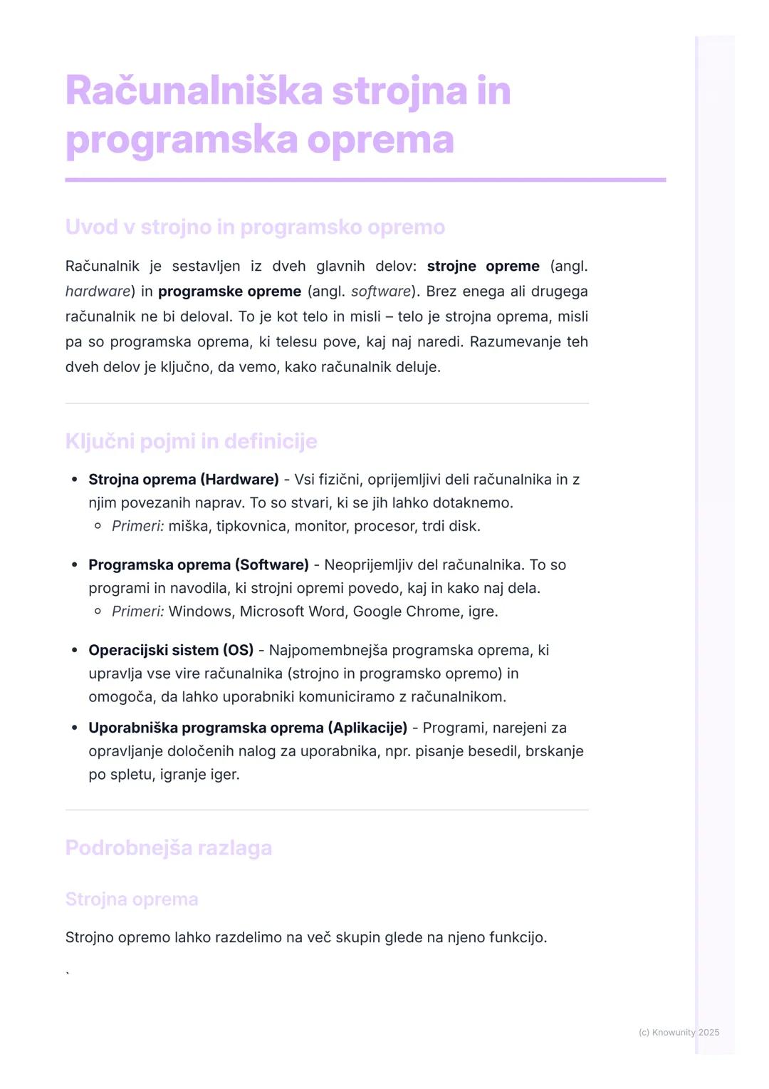 # Računalniška strojna in
programska oprema

Uvod v strojno in programsko opremo

Računalnik je sestavljen iz dveh glavnih delov: strojne op