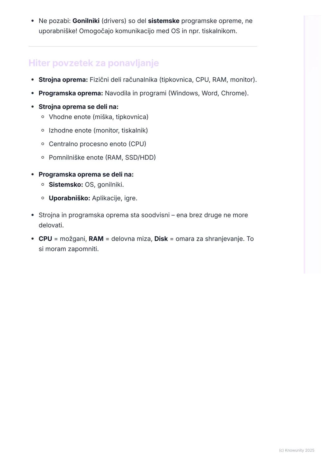 # Računalniška strojna in
programska oprema

Uvod v strojno in programsko opremo

Računalnik je sestavljen iz dveh glavnih delov: strojne op