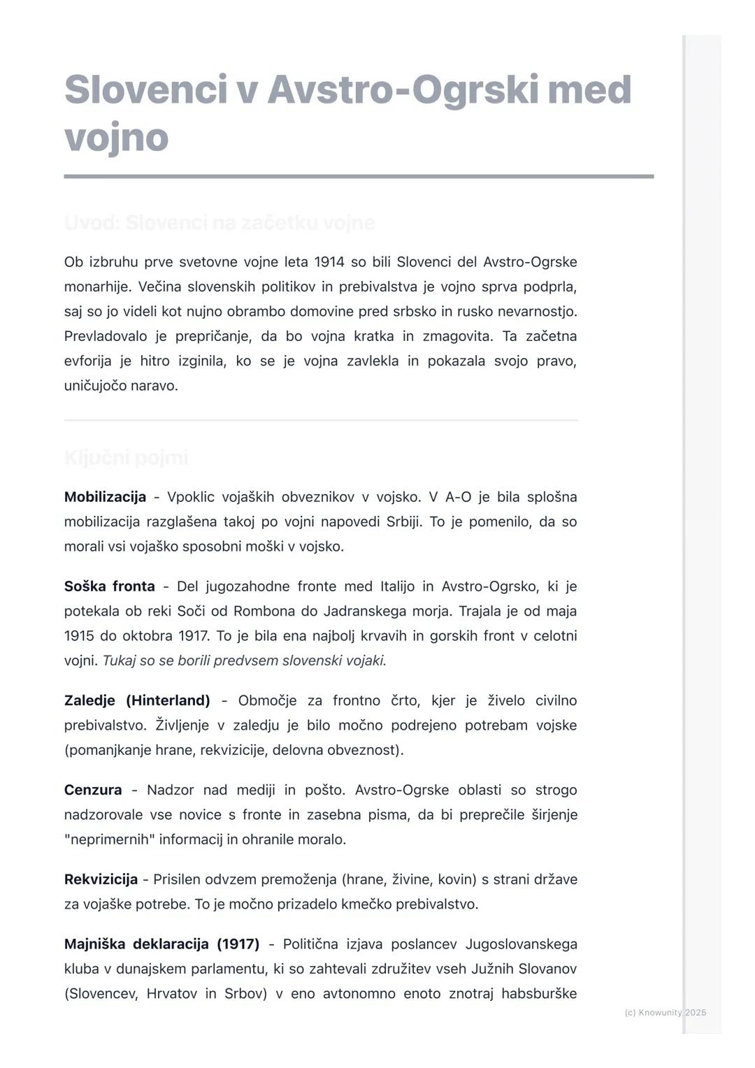 # Slovenci v Avstro-Ogrski med
vojno

Uvod: Slovenci na začetku vojne

Ob izbruhu prve svetovne vojne leta 1914 so bili Slovenci del Avstro-