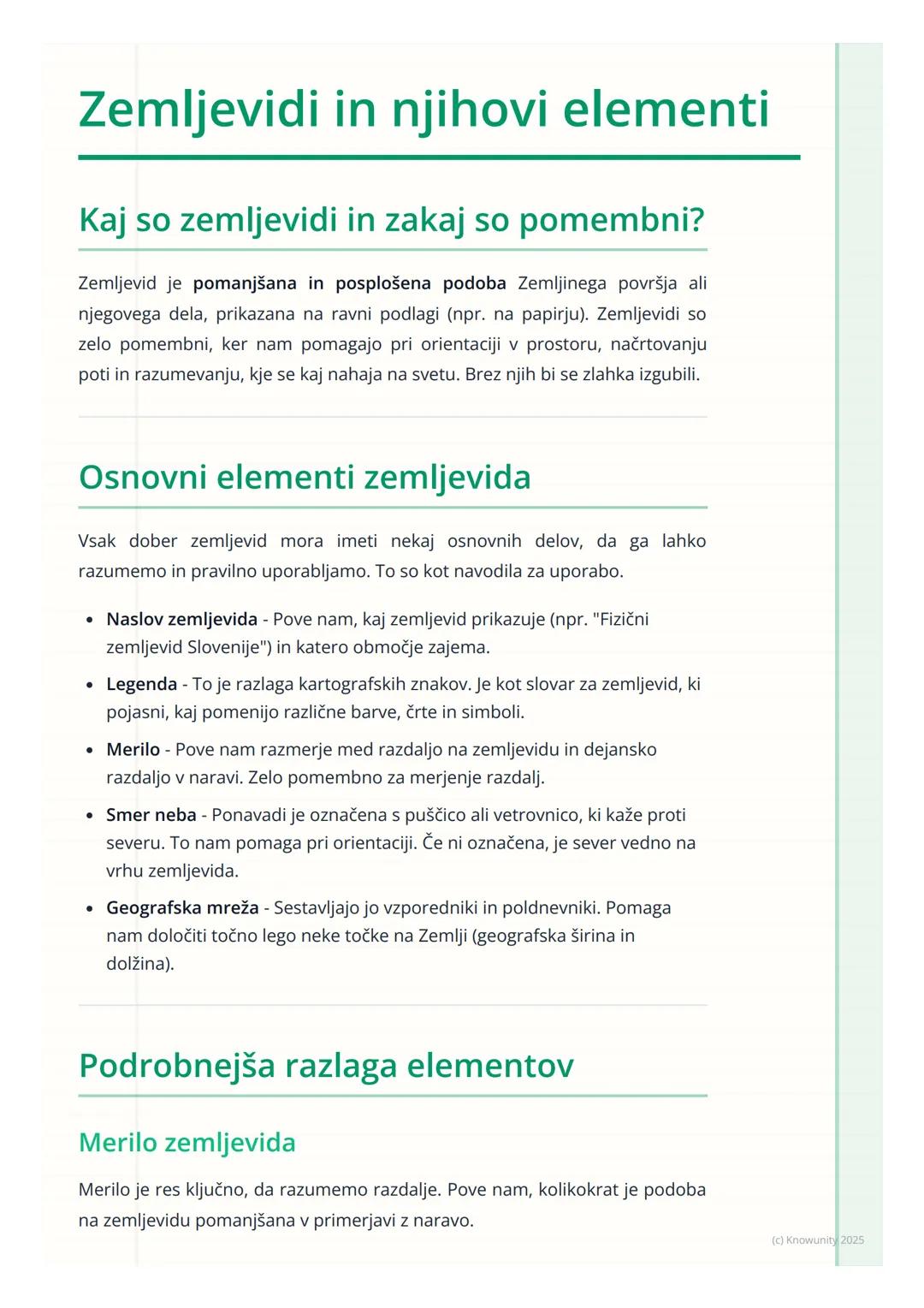 # Zemljevidi in njihovi elementi

## Kaj so zemljevidi in zakaj so pomembni?

Zemljevid je pomanjšana in posplošena podoba Zemljinega površj