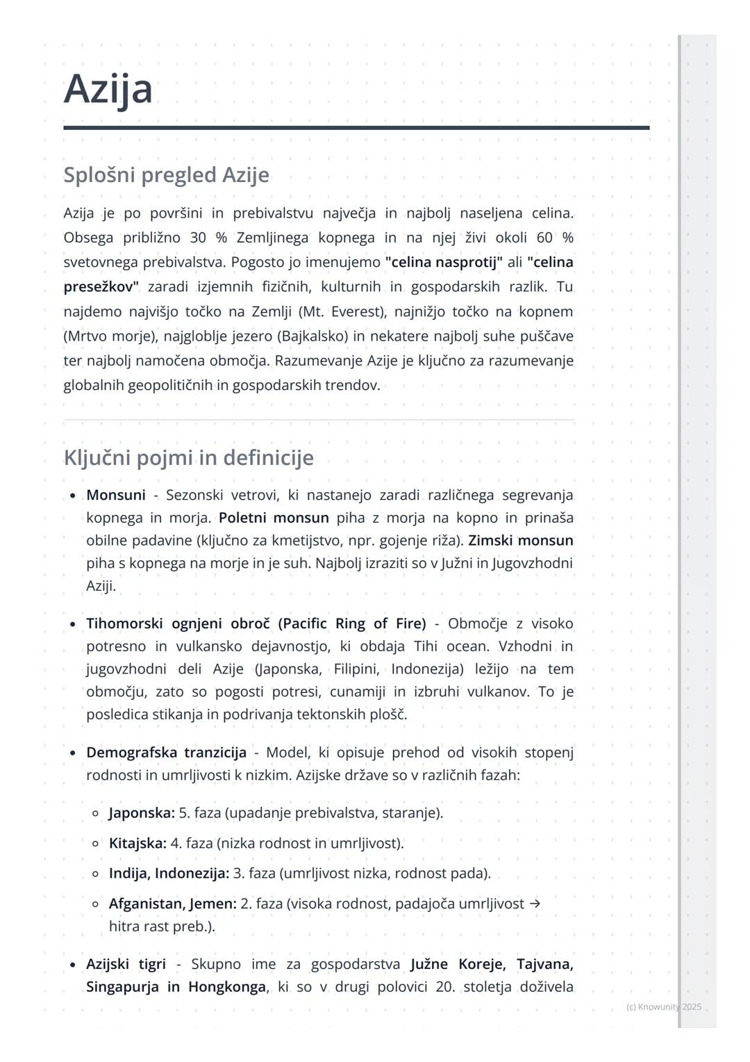 # Azija

Splošni pregled Azije

Azija je po površini in prebivalstvu največja in najbolj naseljena celina.
Obsega približno 30 % Zemljinega 