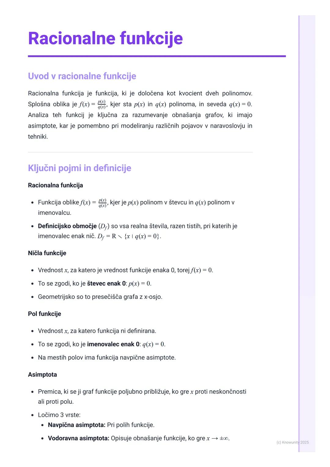 # Racionalne funkcije

Uvod v racionalne funkcije

Racionalna funkcija je funkcija, ki je določena kot kvocient dveh polinomov.
Splošna obli
