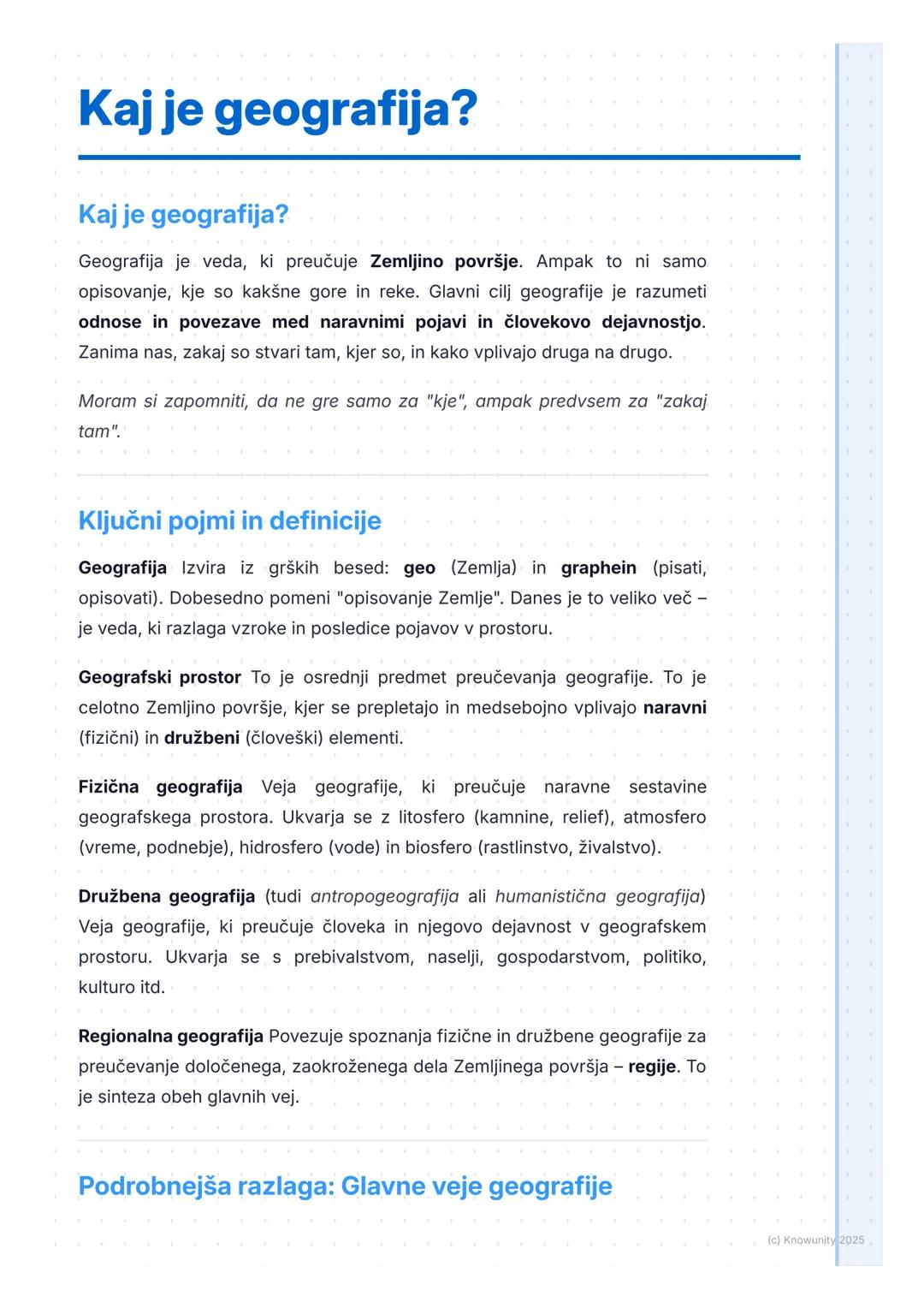 # Kaj je geografija?

Kaj je geografija?

Geografija je veda, ki preučuje Zemljino površje. Ampak to ni samo
opisovanje, kje so kakšne gore 