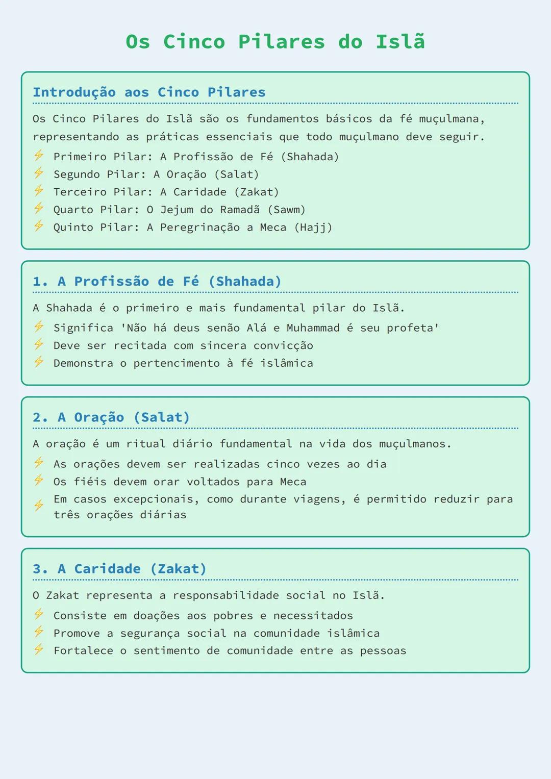 # Os Cinco Pilares do Islã

Introdução aos Cinco Pilares

Os Cinco Pilares do Islã são os fundamentos básicos da fé muçulmana,
representando
