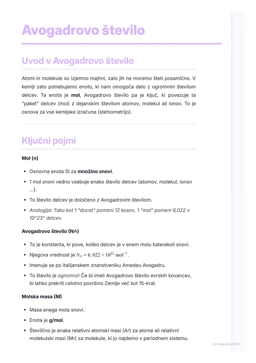 # Avogadrovo število

Uvod v Avogadrovo število

Atomi in molekule so izjemno majhni, zato jih ne moremo šteti posamično. V
kemiji zato potr