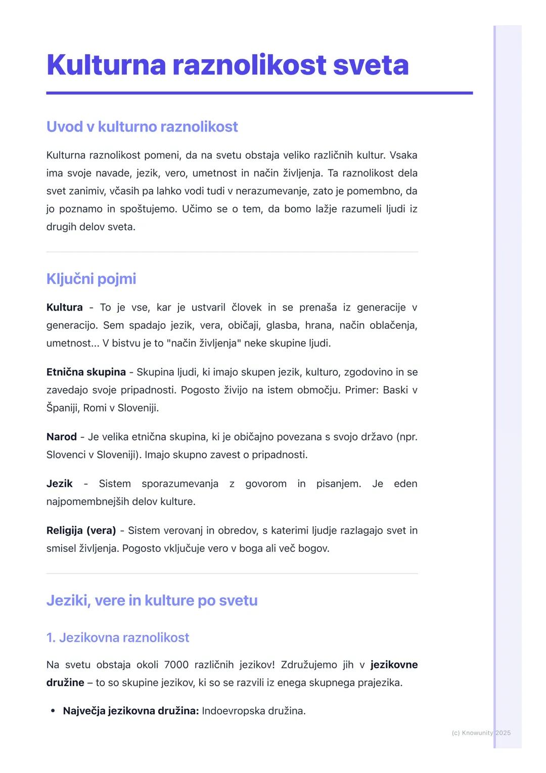 # Kulturna raznolikost sveta

Uvod v kulturno raznolikost

Kulturna raznolikost pomeni, da na svetu obstaja veliko različnih kultur. Vsaka
i