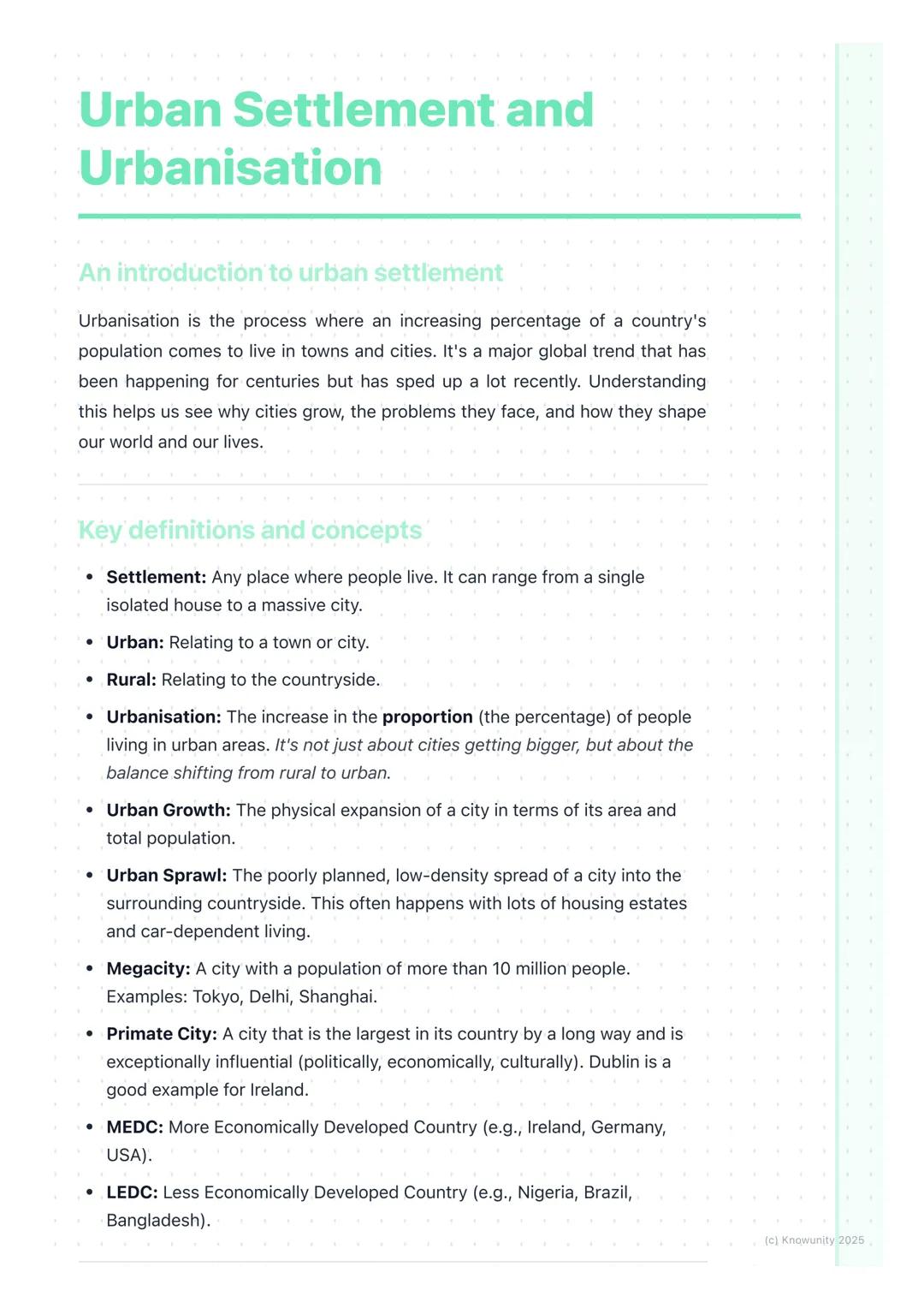 # Urban Settlement and
Urbanisation

An introduction to urban settlement

Urbanisation is the process where an increasing percentage of a co