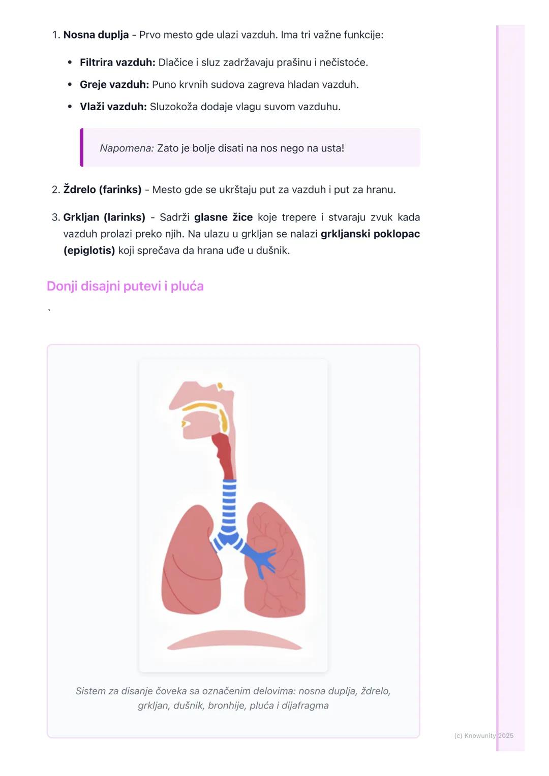 # Sistem za disanje

## Uvod i značaj disanja

Sistem za disanje je ključan za život. Njegov glavni zadatak je da obezbedi
kiseonik (02) za 