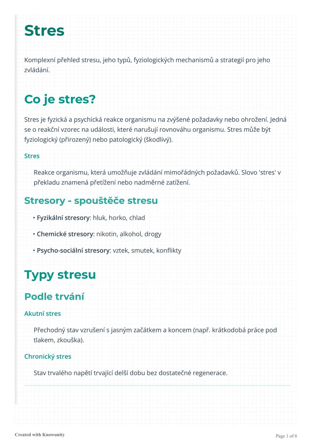 Stres
Komplexní přehled stresu, jeho typů, fyziologických mechanismů a strategií pro jeho
zvládání.
Co je stres?
Stres je fyzická a psychick