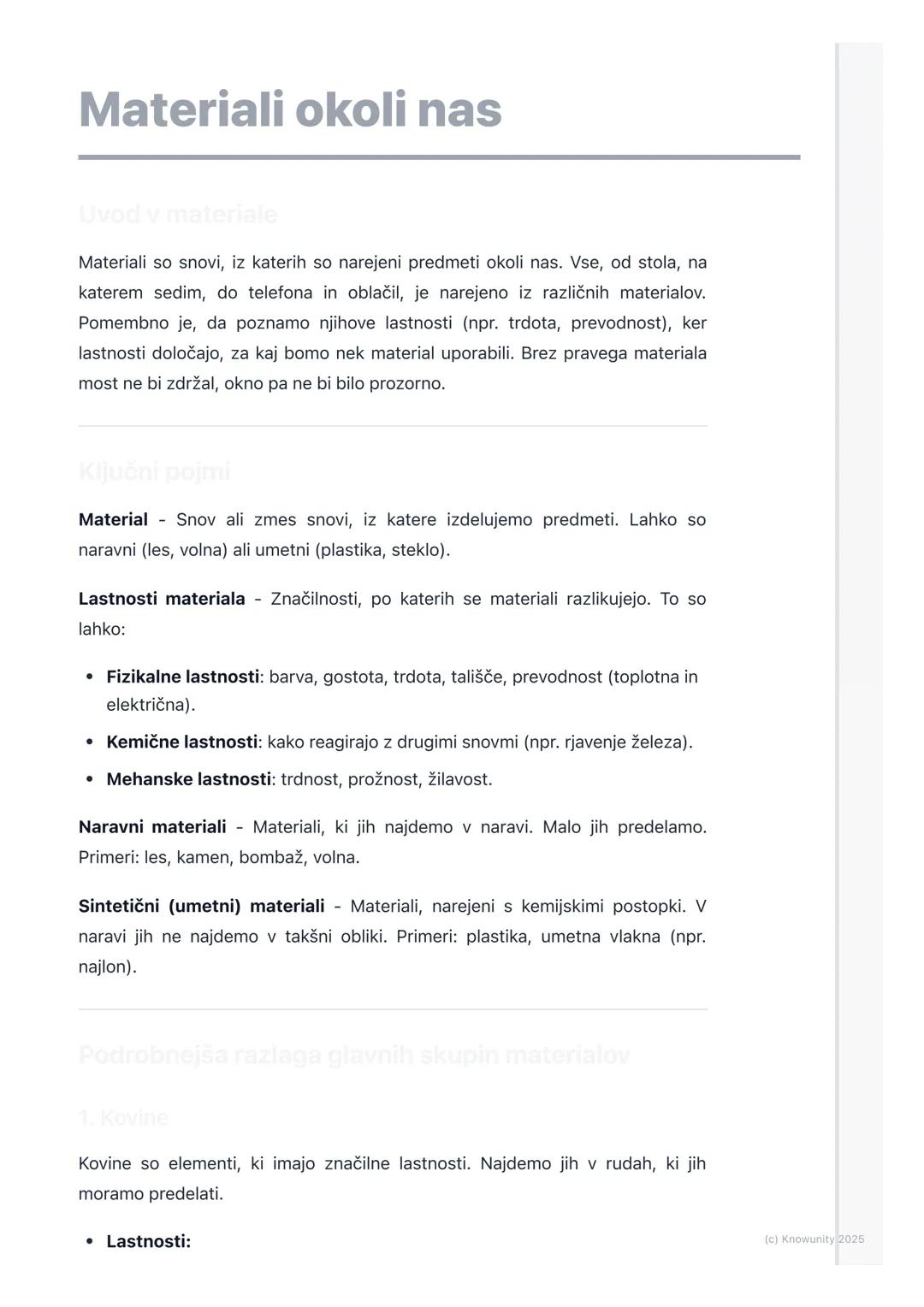 # Materiali okoli nas

Uvod v materiale

Materiali so snovi, iz katerih so narejeni predmeti okoli nas. Vse, od stola, na
katerem sedim, do 