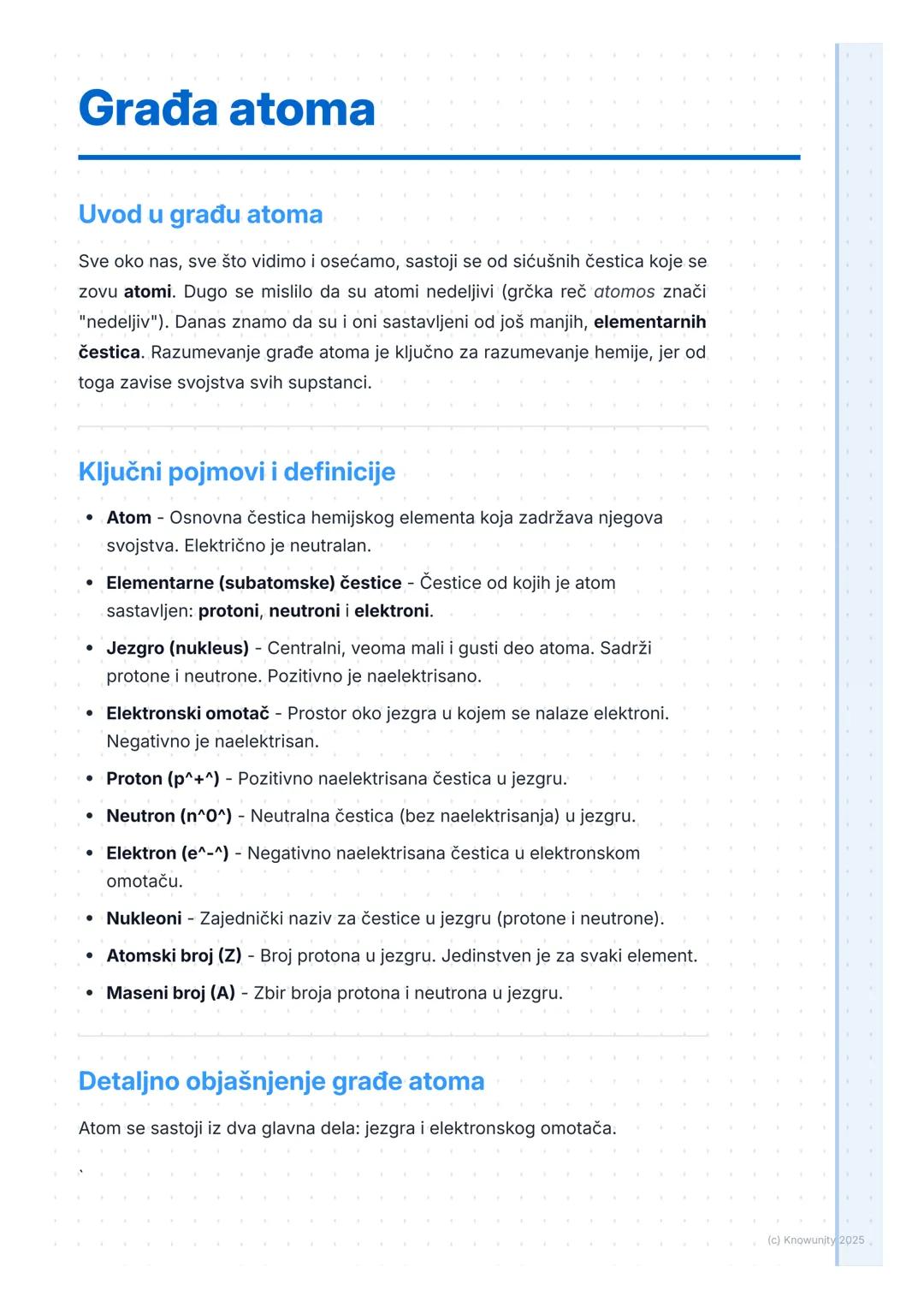# Građa atoma

## Uvod u građu atoma

Sve oko nas, sve što vidimo i osećamo, sastoji se od sićušnih čestica koje se
zovu atomi. Dugo se misl