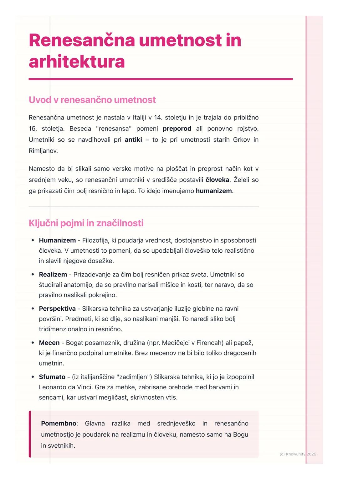 # Renesančna umetnost in
arhitektura

Uvod v renesančno umetnost

Renesančna umetnost je nastala v Italiji v 14. stoletju in je trajala do p