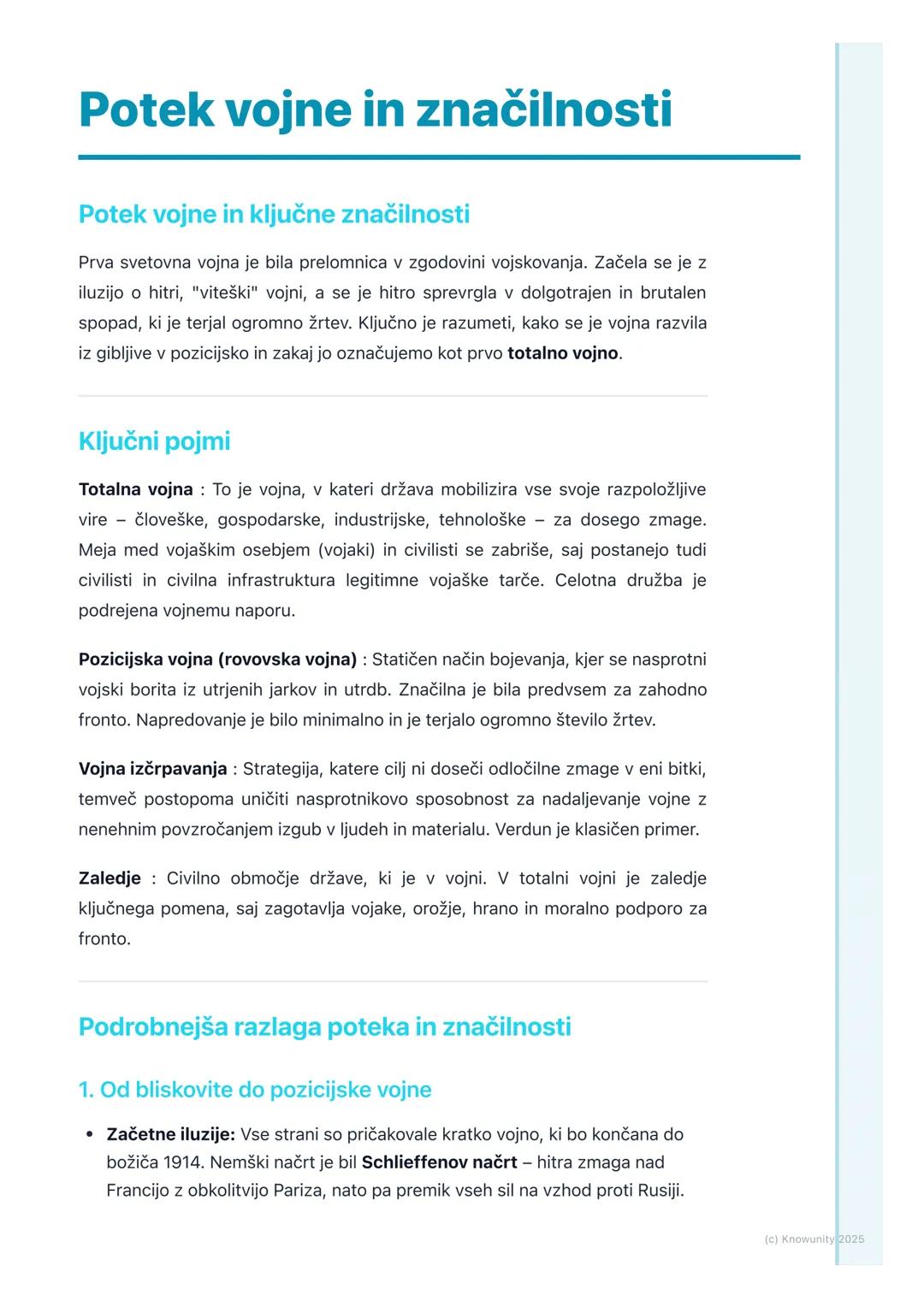 # Potek vojne in značilnosti

## Potek vojne in ključne značilnosti

Prva svetovna vojna je bila prelomnica v zgodovini vojskovanja. Začela 