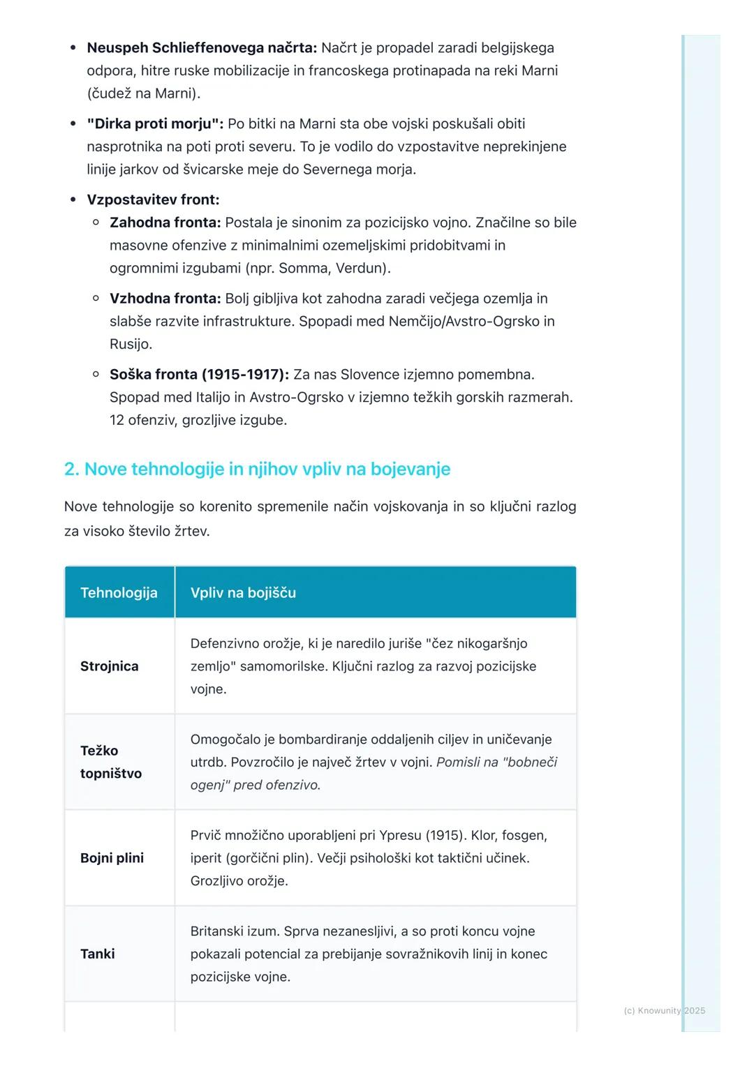 # Potek vojne in značilnosti

## Potek vojne in ključne značilnosti

Prva svetovna vojna je bila prelomnica v zgodovini vojskovanja. Začela 