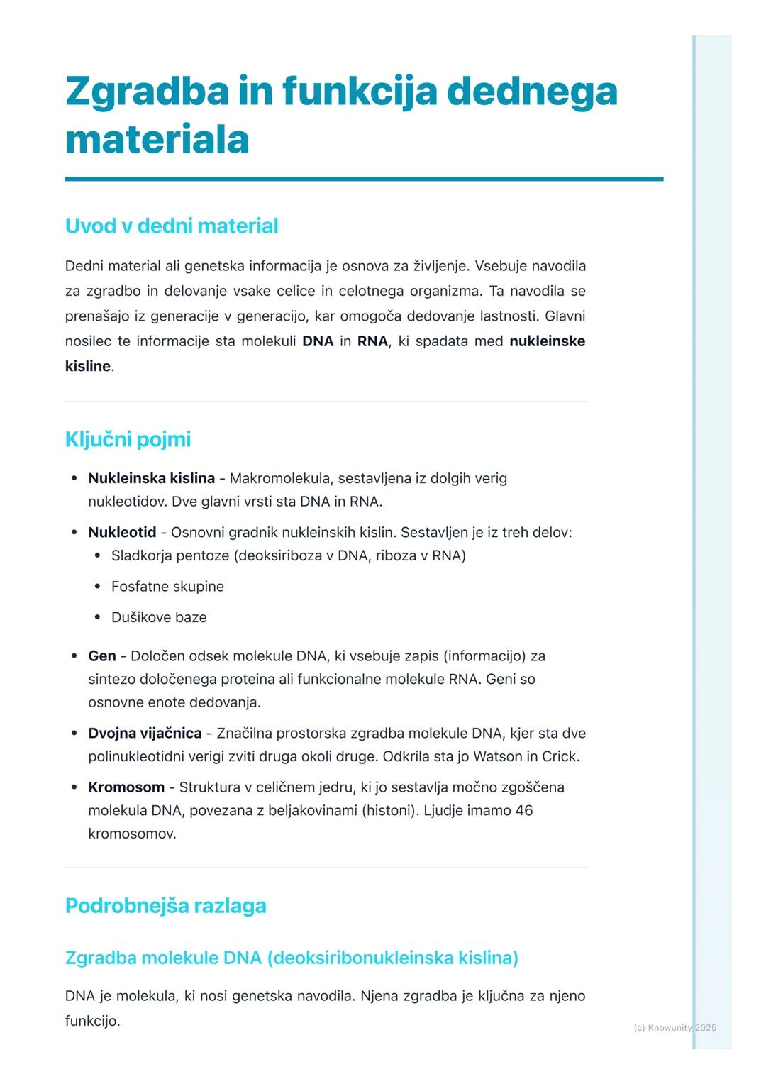 # Zgradba in funkcija dednega
materiala

Uvod v dedni material

Dedni material ali genetska informacija je osnova za življenje. Vsebuje navo