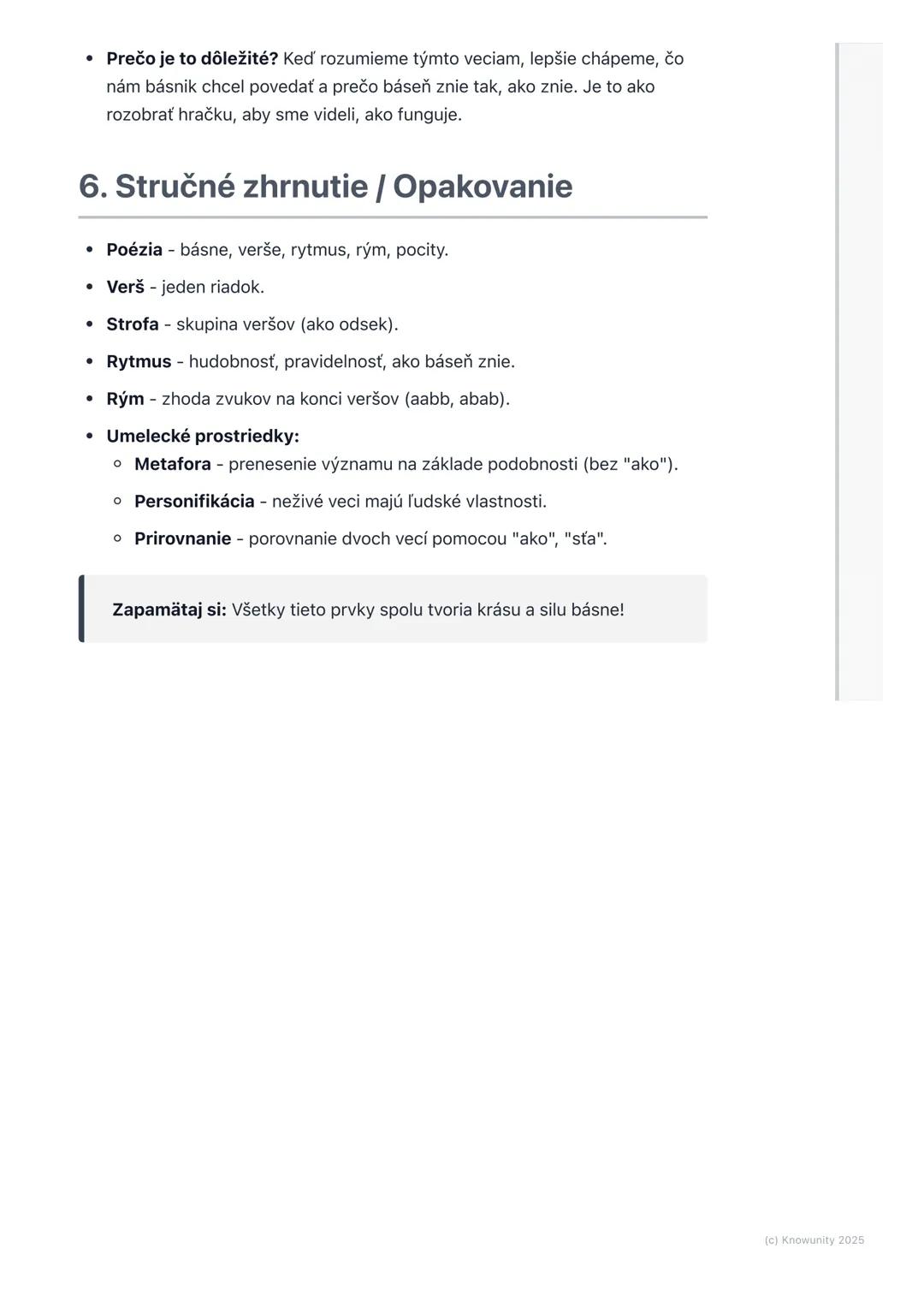 # Poézia
1. Prehľad poézie
Poézia je jeden z hlavných literárnych žánrov, ktorý sa líši od prózy (príbehov a
rozprávok) tým, že je písaná