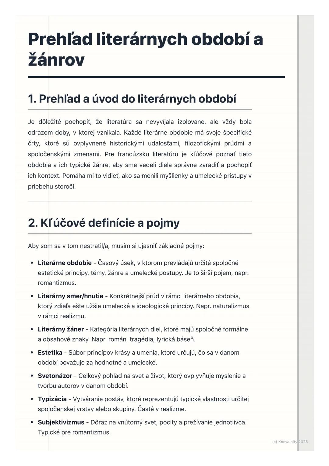 # Prehľad literárnych období a
žánrov
1. Prehľad a úvod do literárnych období
Je dôležité pochopiť, že literatúra sa nevyvíjala izolovane,