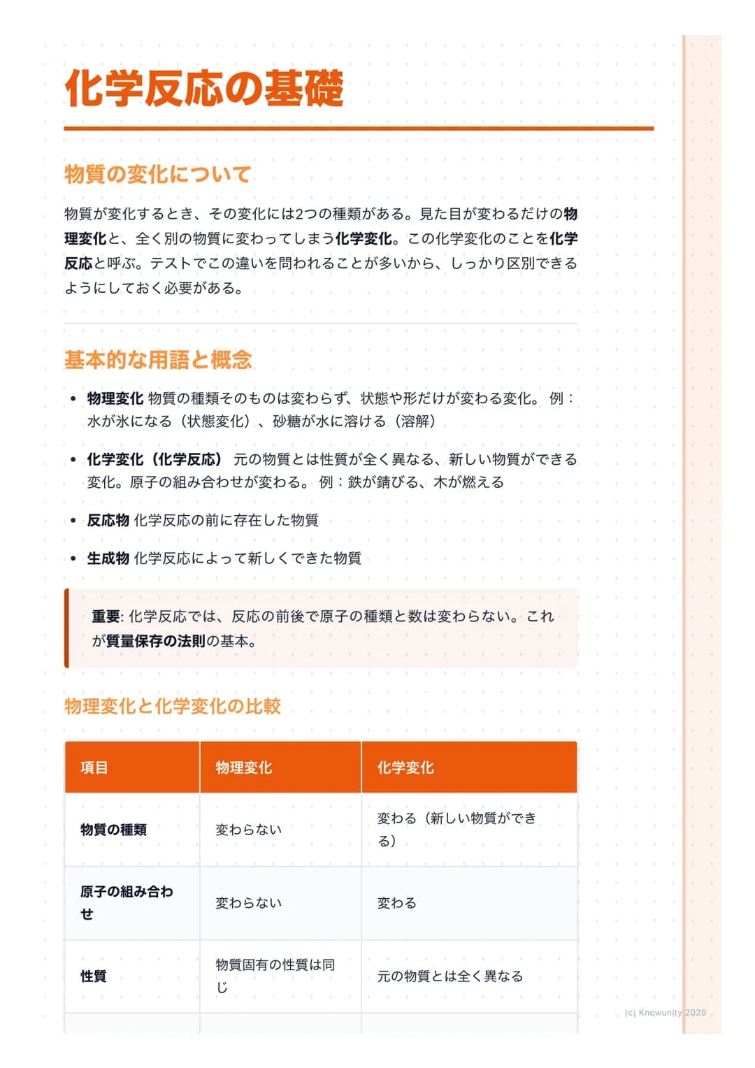 ## 化学反応の基礎
### 物質の変化について
物質が変化するとき、その変化には2つの種類がある。見た目が変わるだけの物理変化と、全く別の物質に変わってしまう化学変化。この化学変化のことを化学反応と呼ぶ。テストでこの違いを問われることが多いから、しっかり区別できるようにしてお