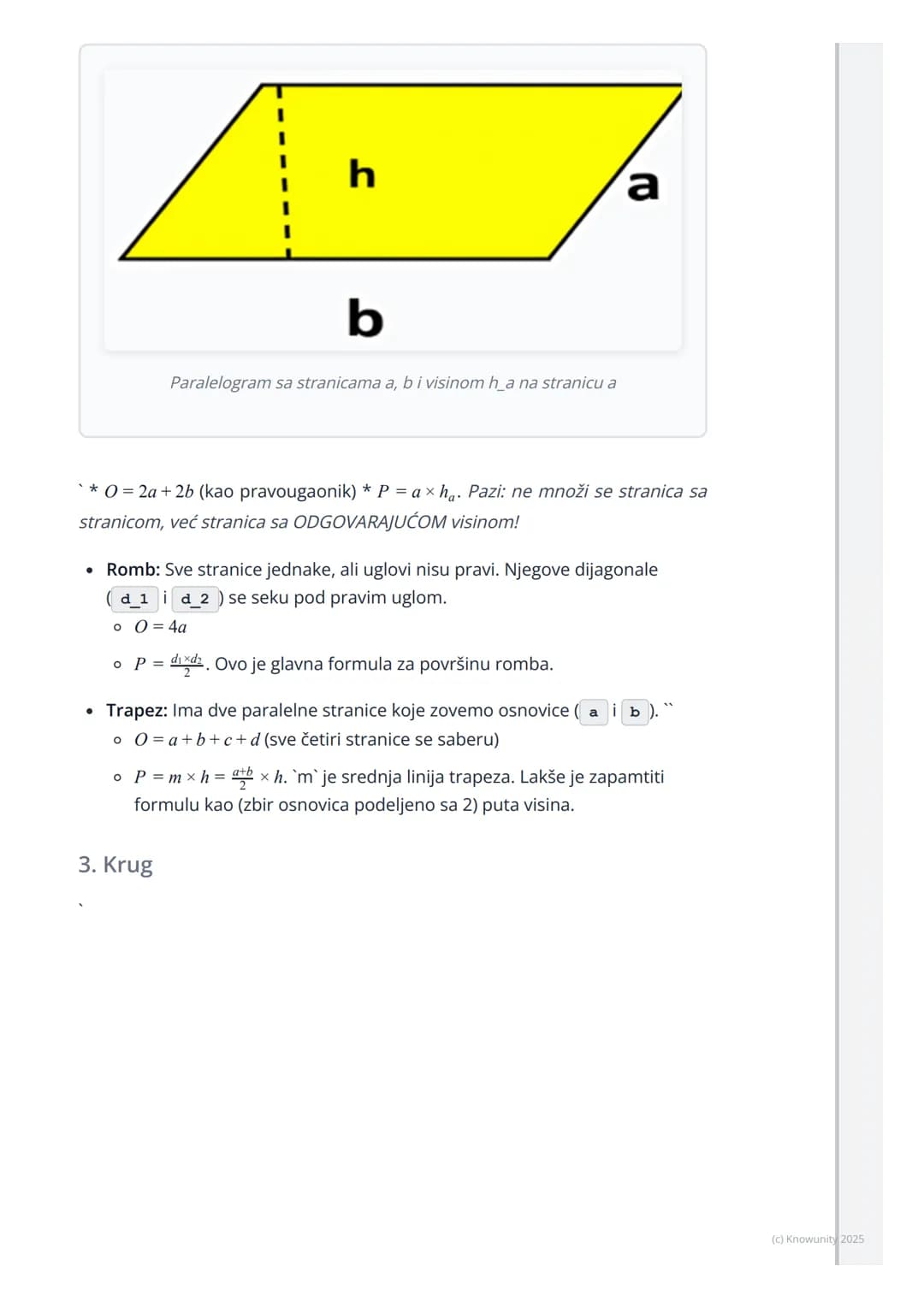 # Površine i obimi ravnih figura
Uvod i podsećanje
Ovo je ponavljanje osnovnih formula za obim i površinu ravnih figura. Ove
formule su os