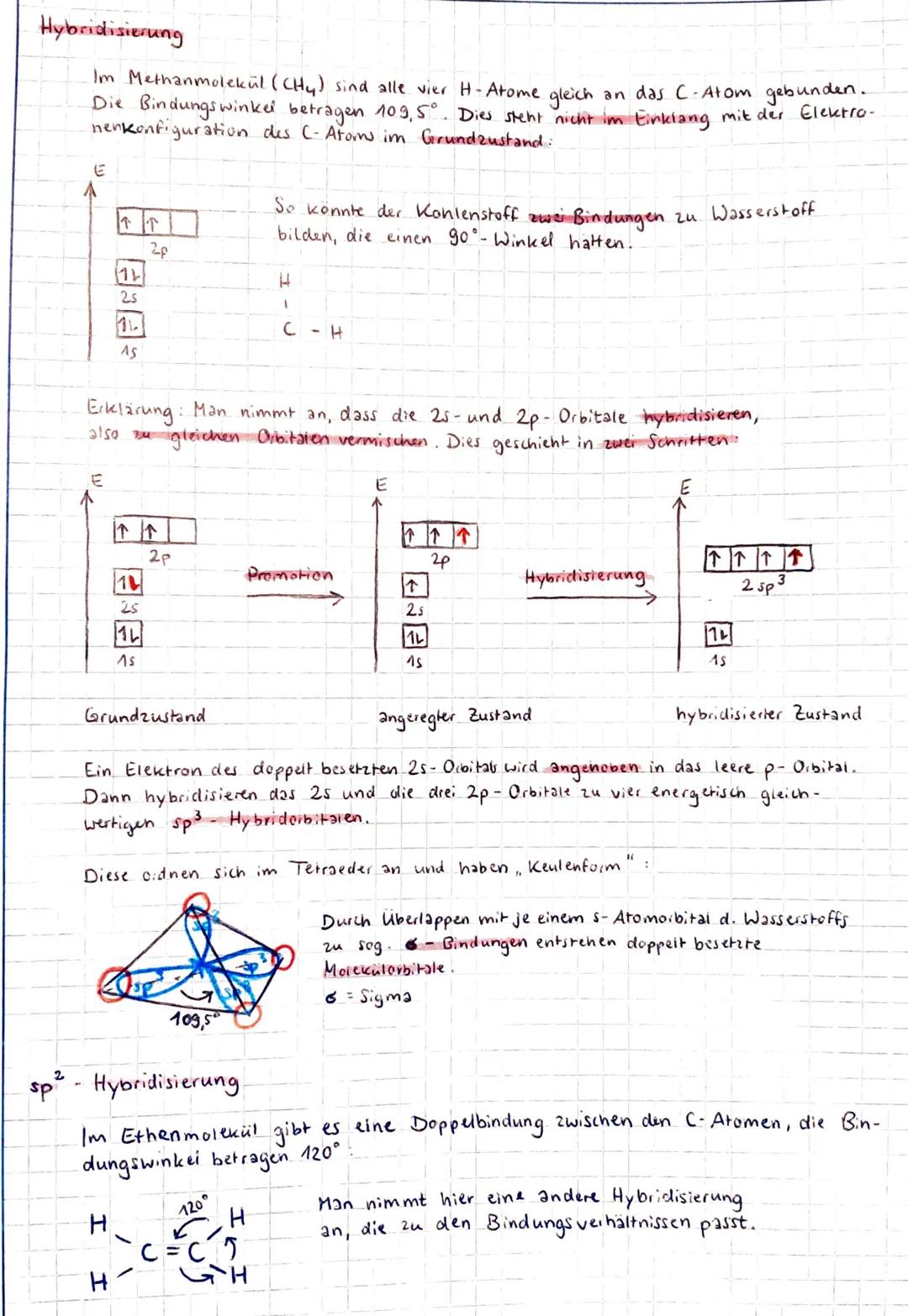 ## Hybridisierung
Im Methanmolekül (CHy) sind alle vier H-Atome gleich an das C-Atom gebunden.
Die Bindungswinkel betragen 109,5°. Dies ste