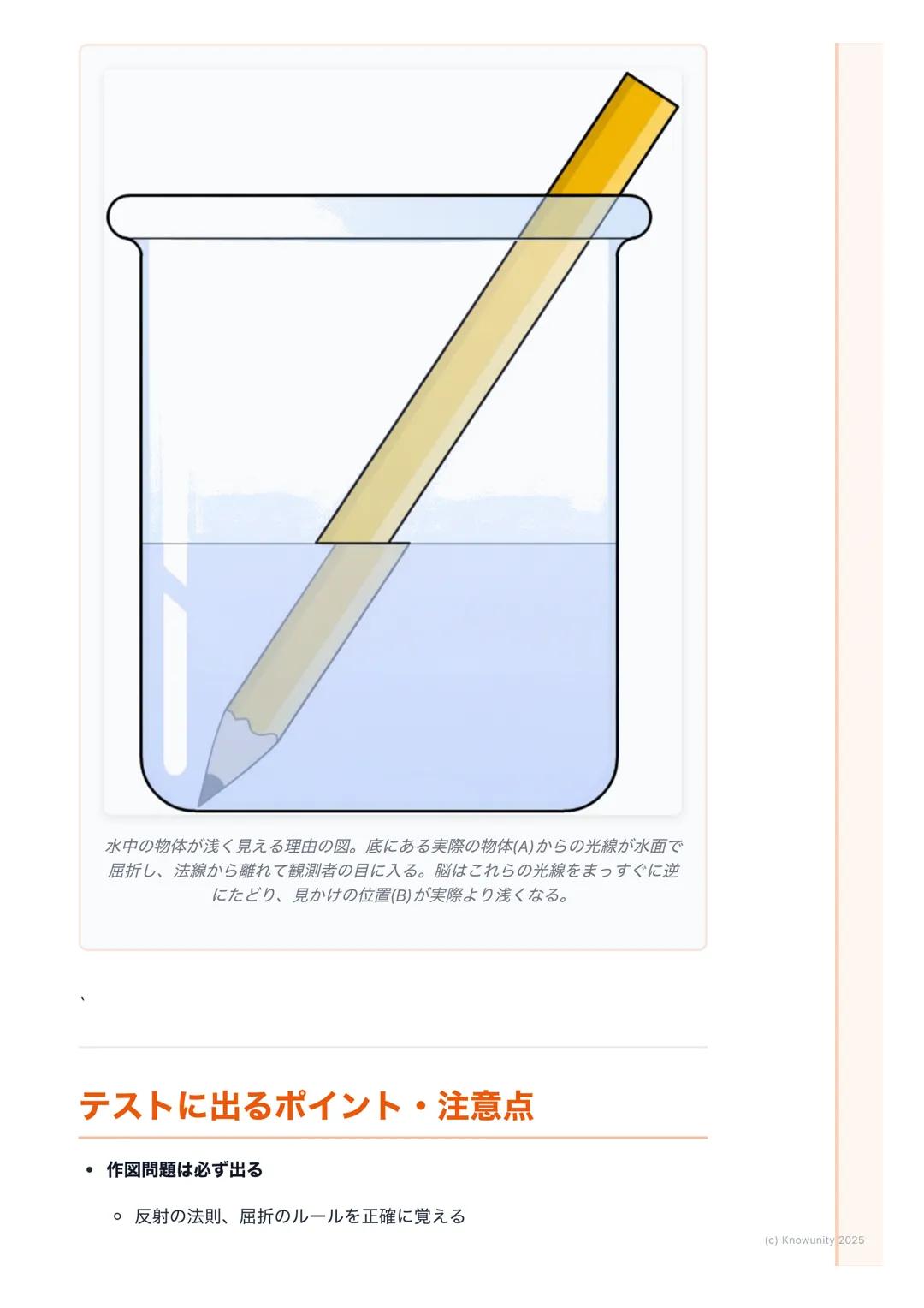 # 光の進み方
## 光の進み方の基本
光は、太陽や電球などの光源から出て、まわりのものに当たって私たちの目に届
く光には3つの大事な性質がある
1. まっすぐ進む(直進)
2. はね返る(反射)
3. 曲がる (屈折)
この3つの性質を理解することが、テストで点をとるカ