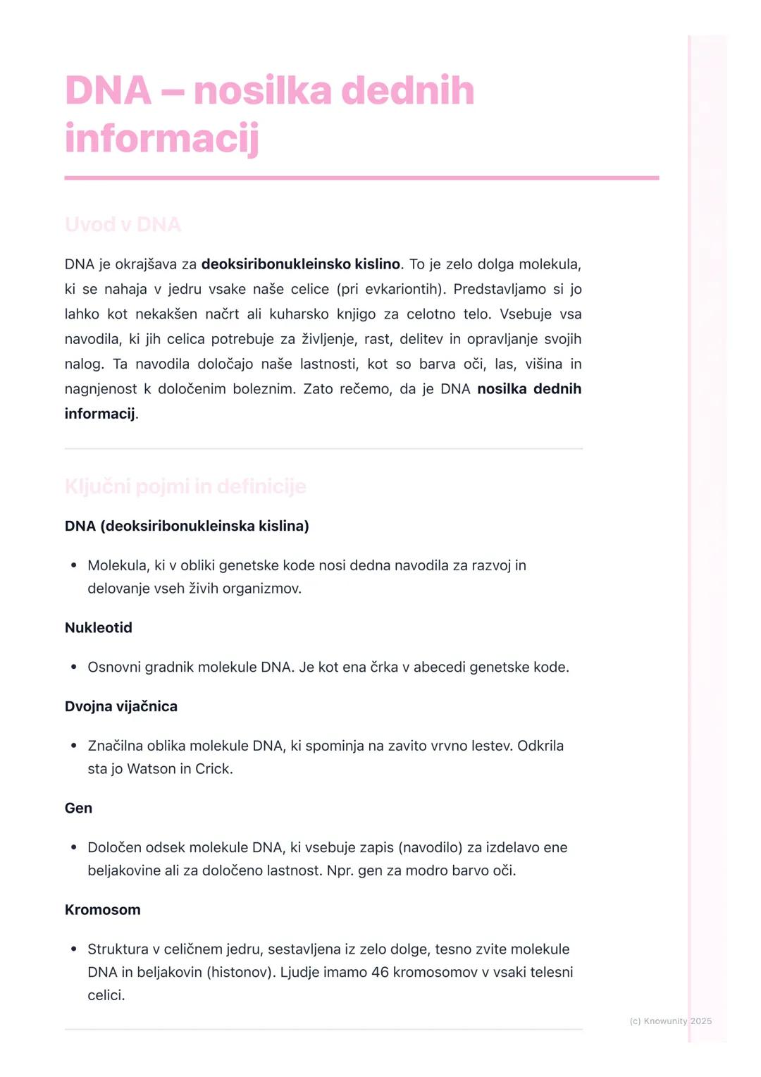 # DNA - nosilka dednih
informacij
Uvod v DNA
DNA je okrajšava za deoksiribonukleinsko kislino. To je zelo dolga molekula,
ki se nahaja v j