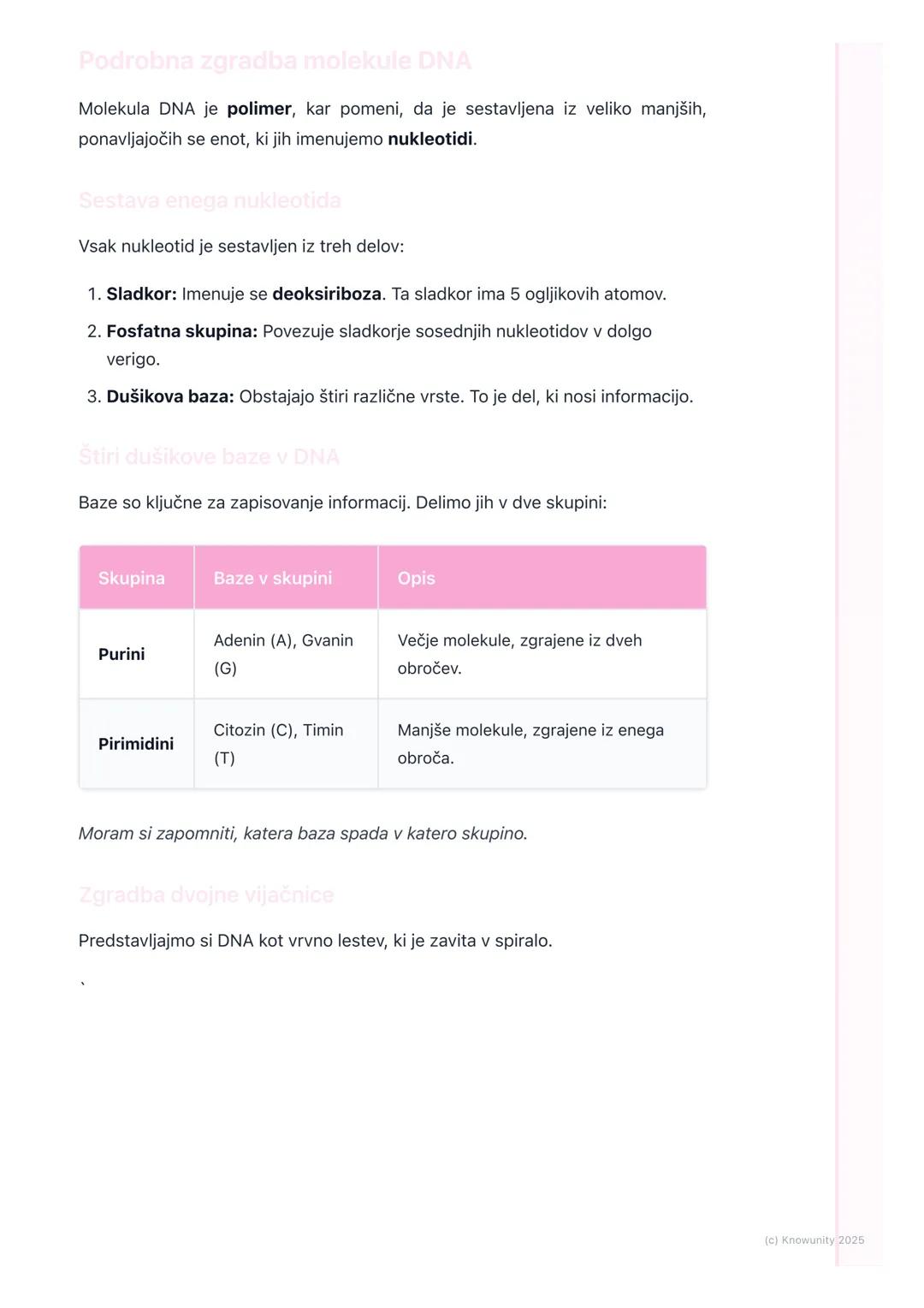 # DNA - nosilka dednih
informacij
Uvod v DNA
DNA je okrajšava za deoksiribonukleinsko kislino. To je zelo dolga molekula,
ki se nahaja v j