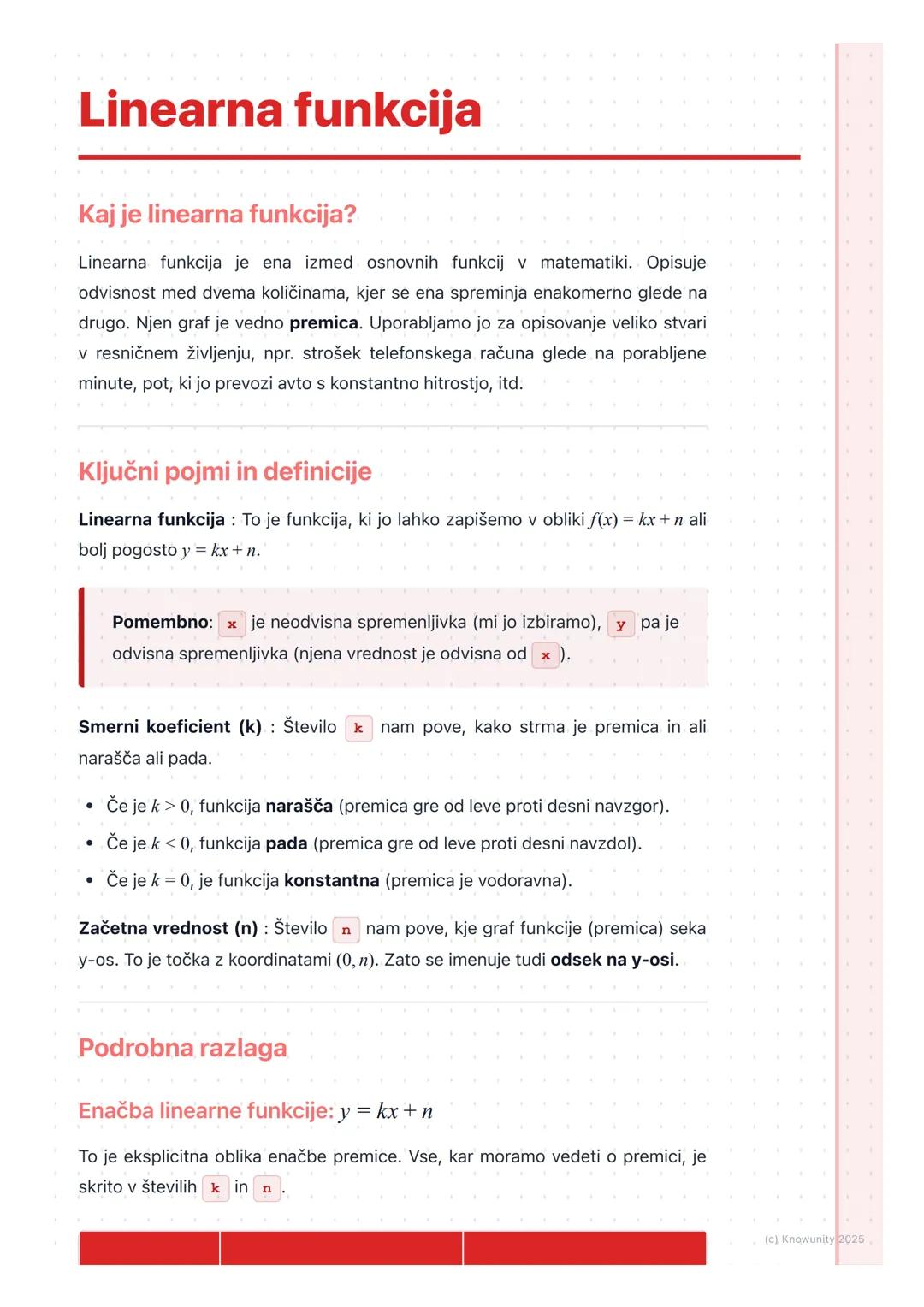 # Linearna funkcija
Kaj je linearna funkcija?
Linearna funkcija je ena izmed osnovnih funkcij v matematiki. Opisuje
odvisnost med dvema ko
