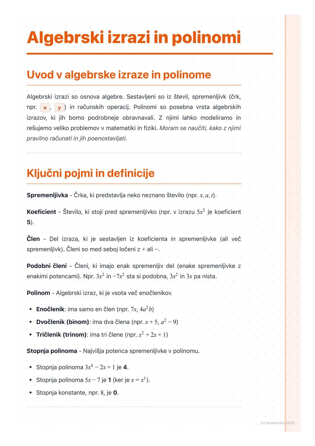 # Algebrski izrazi in polinomi
## Uvod v algebrske izraze in polinome
Algebrski izrazi so osnova algebre. Sestavljeni so iz števil, spreme
