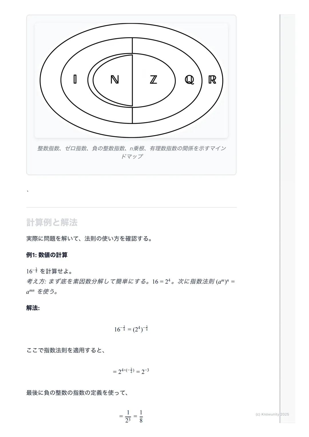 # 指数の拡張と計算
指数の拡張の概要・
中学で学んだ自然数の指数から、高校数学IIでは指数を整数、有理数、そして実
数全体にまで拡張する。これにより、$2^{-3}$や$4^{\frac{1}{2}}$のような計算が可能になる。この
拡張は、後の指数関数や対数関数を理解する