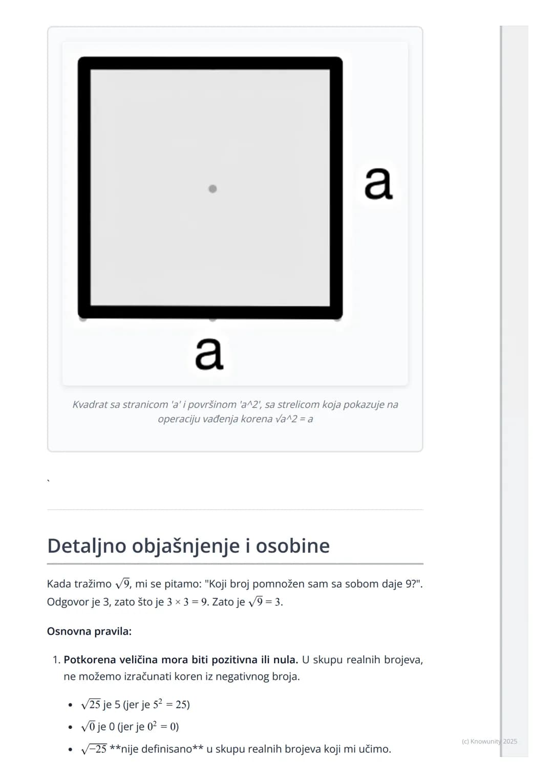 # Pojam i osobine kvadratnog
korena
Uvod u kvadratni koren
Kvadratni koren je matematička operacija suprotna (inverzna) operaciji
kvadrira