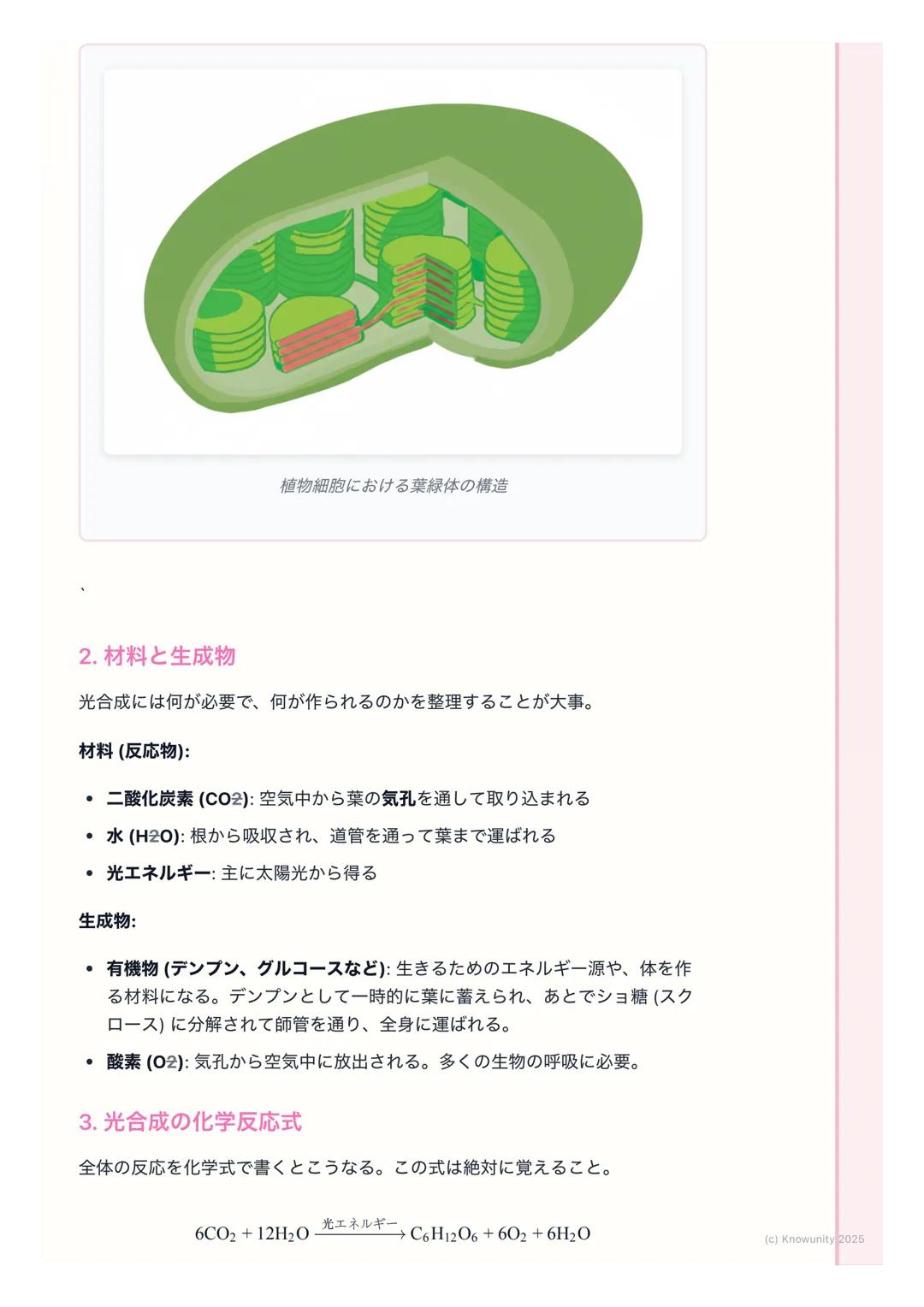 # 光合成
光合成の概要
植物や藻類などが、光エネルギーを利用して、二酸化炭素と水から有機物(栄養
分)と酸素を作り出す働きのこと。この働きのおかげで、地球上のほとんどの
生物は生きていける。生態系の土台となる、とても重要な生命活動。
基本的な用語
- 光合成(こうごうせ