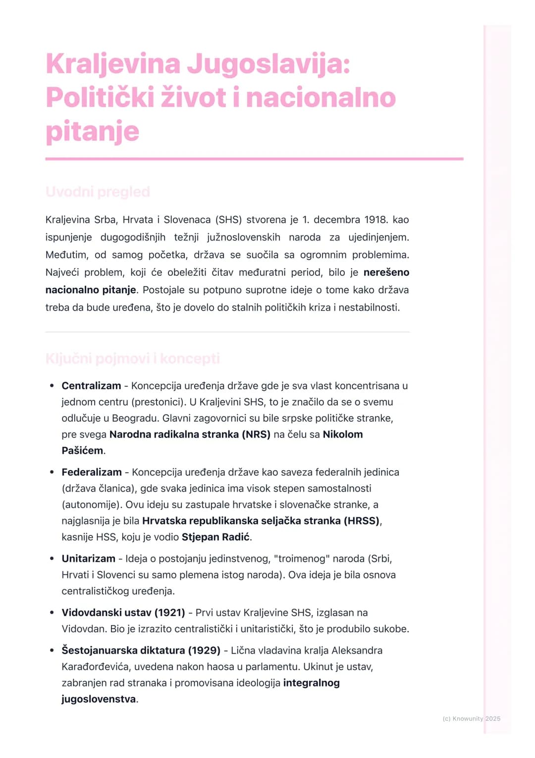 # Kraljevina Jugoslavija:
Politički život i nacionalno
pitanje
Uvodni pregled
Kraljevina Srba, Hrvata i Slovenaca (SHS) stvorena je 1. dec