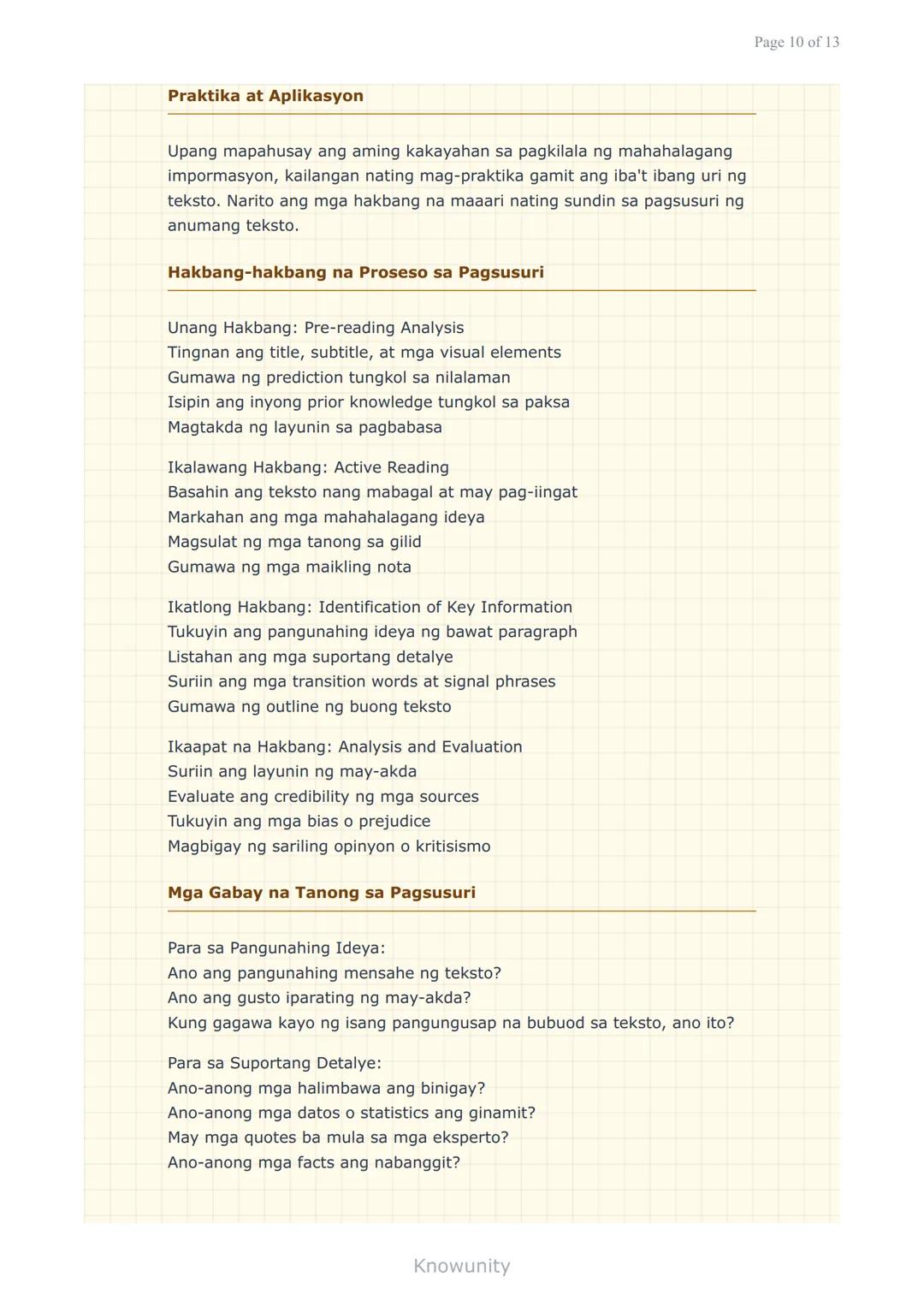 --- OCR Start ---
Pag-unawa at Pagsusuri ng Iba't Ibang Teksto
Pagkilala ng mahahalagang impormasyon at detalye
sa iba't ibang uri ng teksto