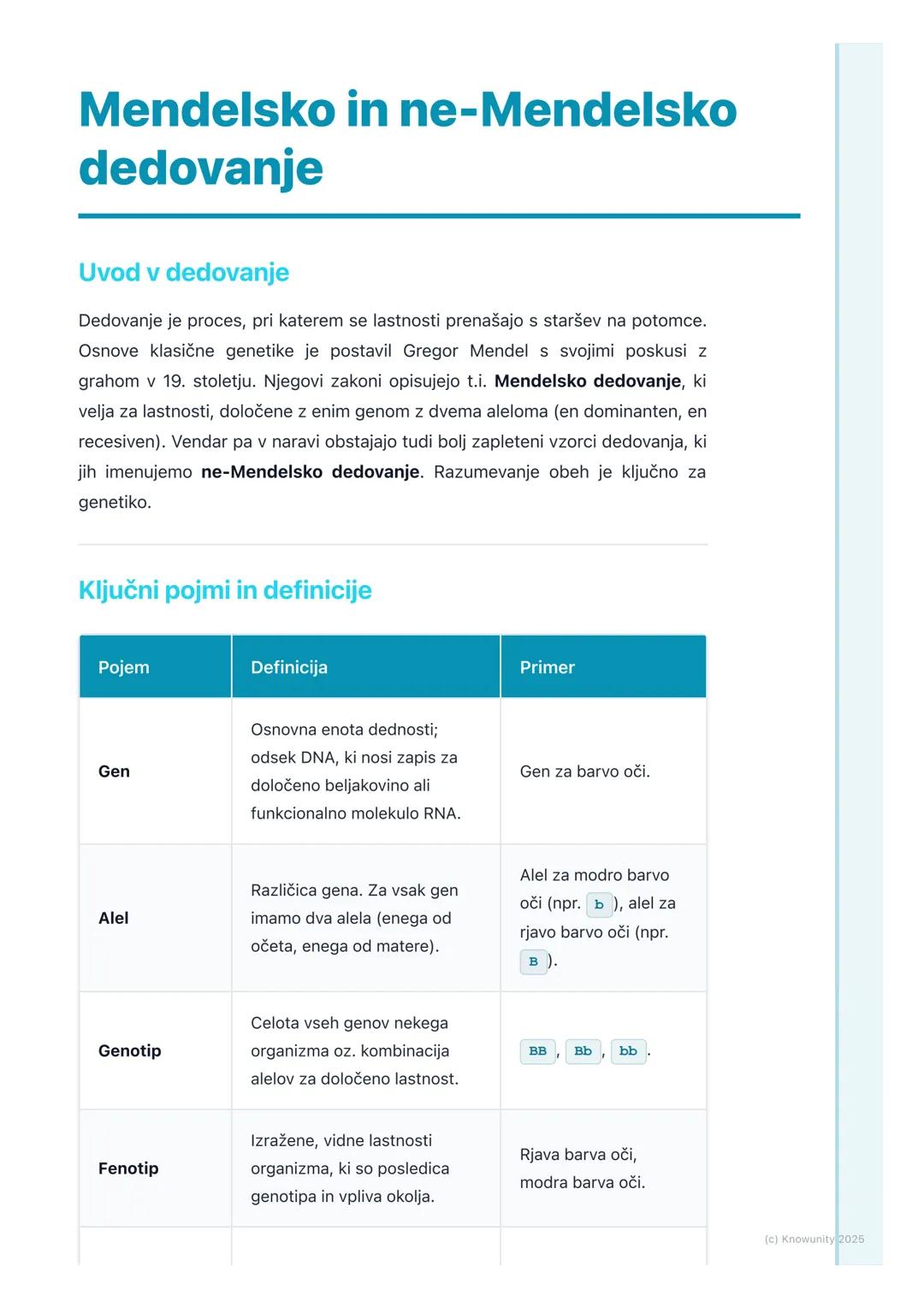 # Mendelsko in ne-Mendelsko
dedovanje
Uvod v dedovanje
Dedovanje je proces, pri katerem se lastnosti prenašajo s staršev na potomce.
Osnov