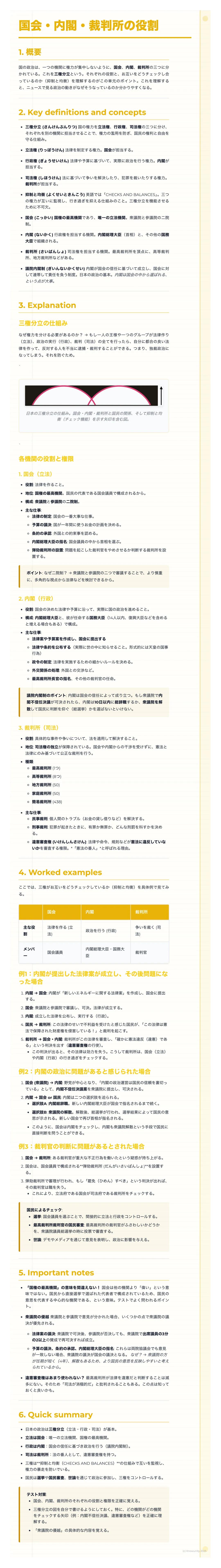 # 国会・内閣・裁判所の役割
1. 概要
* 国会、内閣、裁判所はそれぞれ独立して存在しますが、相互に連携しながら国を運営しています。これら三権のバランスを保ち、国民の権利を守ることが重要です。各機関の役割を理解することで、より良い社会の実現に貢献できます。一緒に各機関の