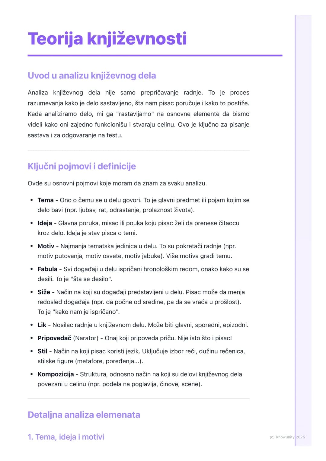 # Teorija književnosti
Uvod u analizu književnog dela
Analiza književnog dela nije samo prepričavanje radnje. To je proces
razumevanja kak