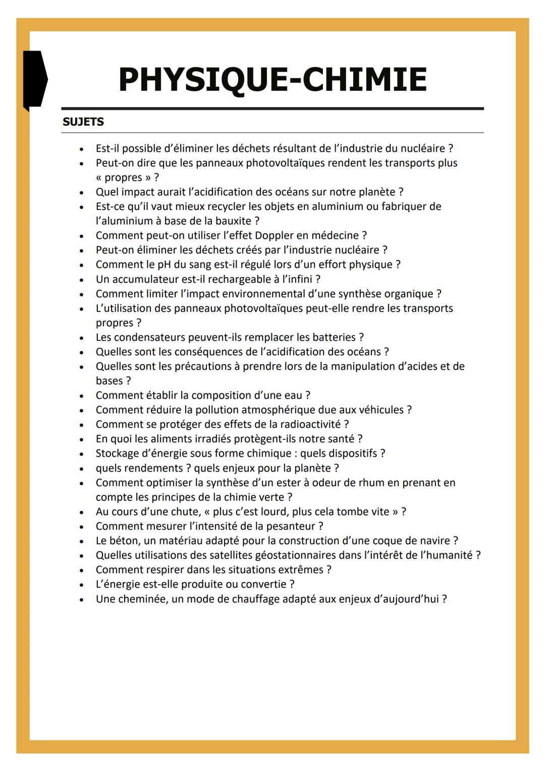 # PHYSIQUE-CHIMIE
SUJETS
- Est-il possible d'éliminer les déchets résultant de l'industrie du nucléaire ?
- Peut-on dire que les panneaux