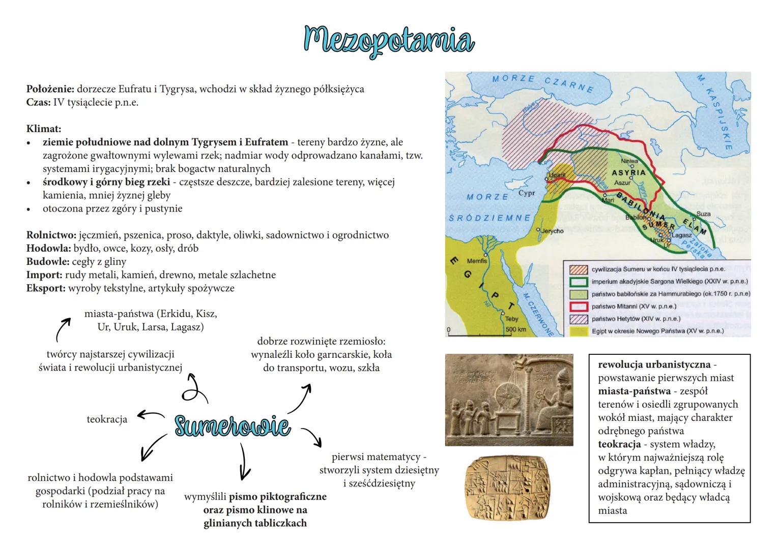 # Mezopotamia
Położenie: dorzecze Eufratu i Tygrysa, wchodzi w skład żyznego półksiężyca
Czas: IV tysiąclecie p.n.e.
Klimat:
* ziemie po