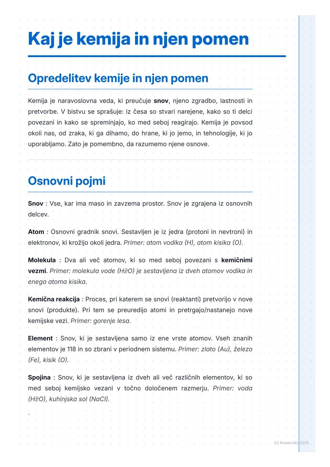 # Kaj je kemija in njen pomen
Opredelitev kemije in njen pomen
Kemija je naravoslovna veda, ki preučuje snov, njeno zgradbo, lastnosti in