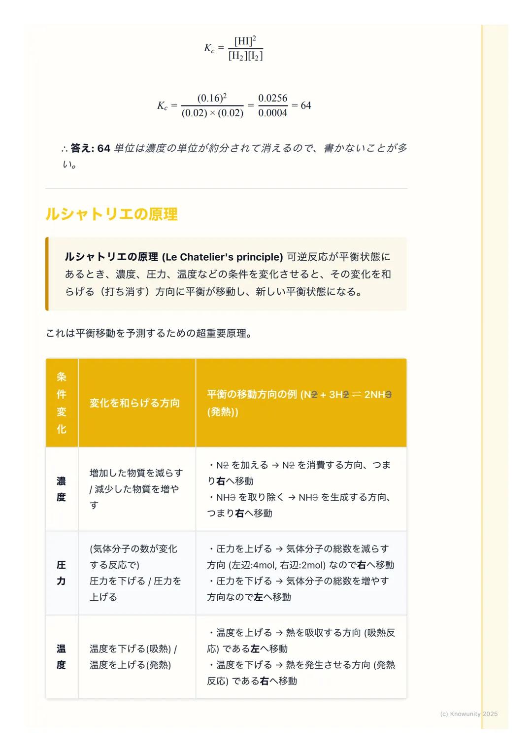 # 化学平衡
化学平衡とは
化学反応の中には、反応物から生成物へ一方向に進むだけでなく、生成物から反
応物へ戻る反応も同時に起こるものがある。これを可逆反応という。
化学平衡は、この可逆反応において、見た目上は反応が停止しているように見え
るが、実際には正反応と逆反応が同じ