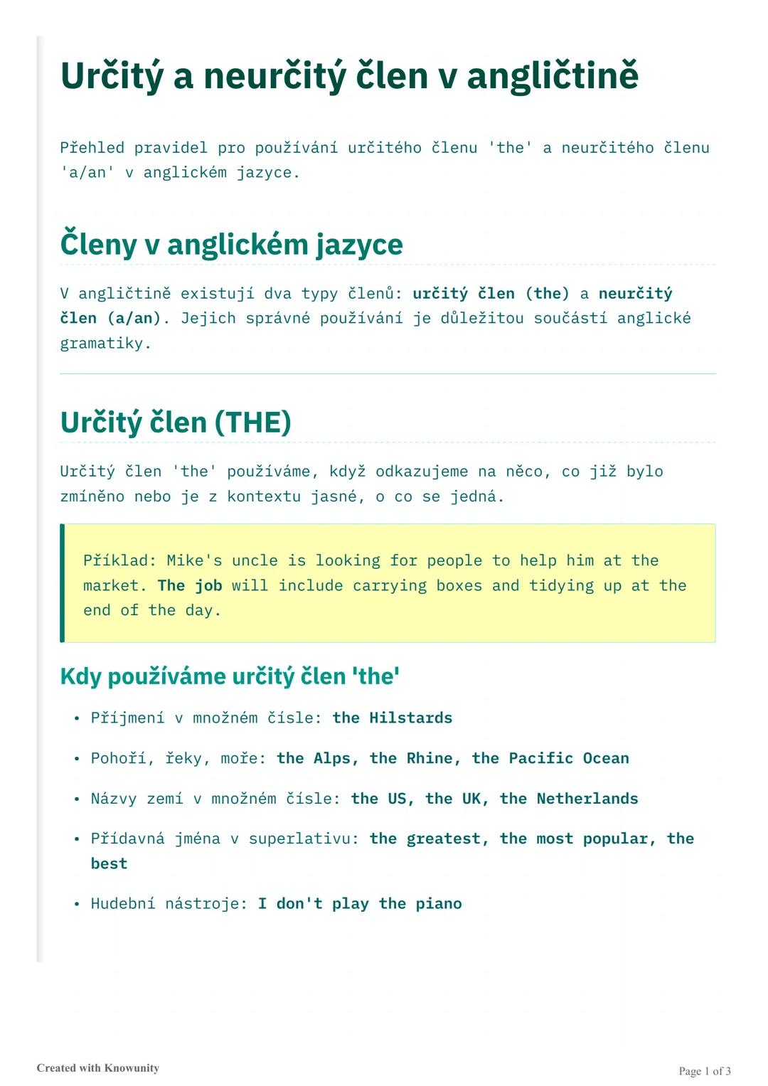 # Určitý a neurčitý člen v angličtině
Přehled pravidel pro používání určitého členu 'the' a neurčitého členu
'a/an' v anglickém jazyce.
##