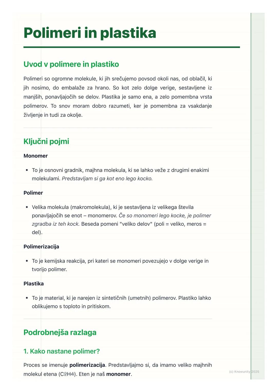 # Polimeri in plastika
Uvod v polimere in plastiko
Polimeri so ogromne molekule, ki jih srečujemo povsod okoli nas, od oblačil, ki
jih nos