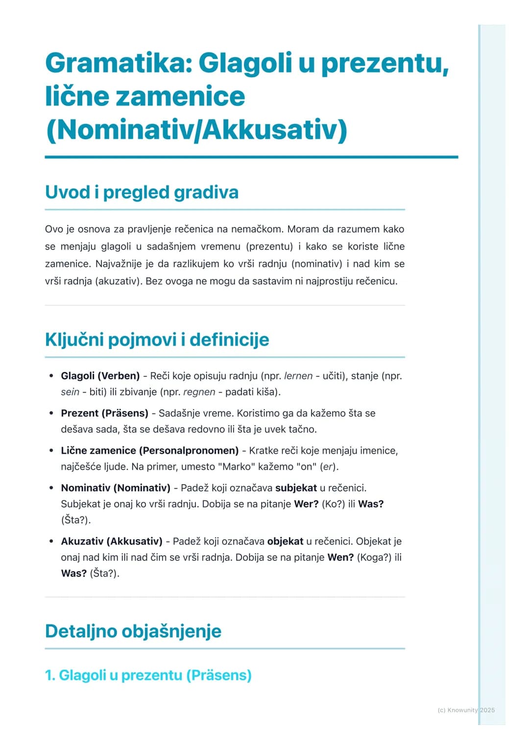 # Gramatika: Glagoli u prezentu,
lične zamenice
(Nominativ/Akkusativ)
Uvod i pregled gradiva
Ovo je osnova za pravljenje rečenica na nemač